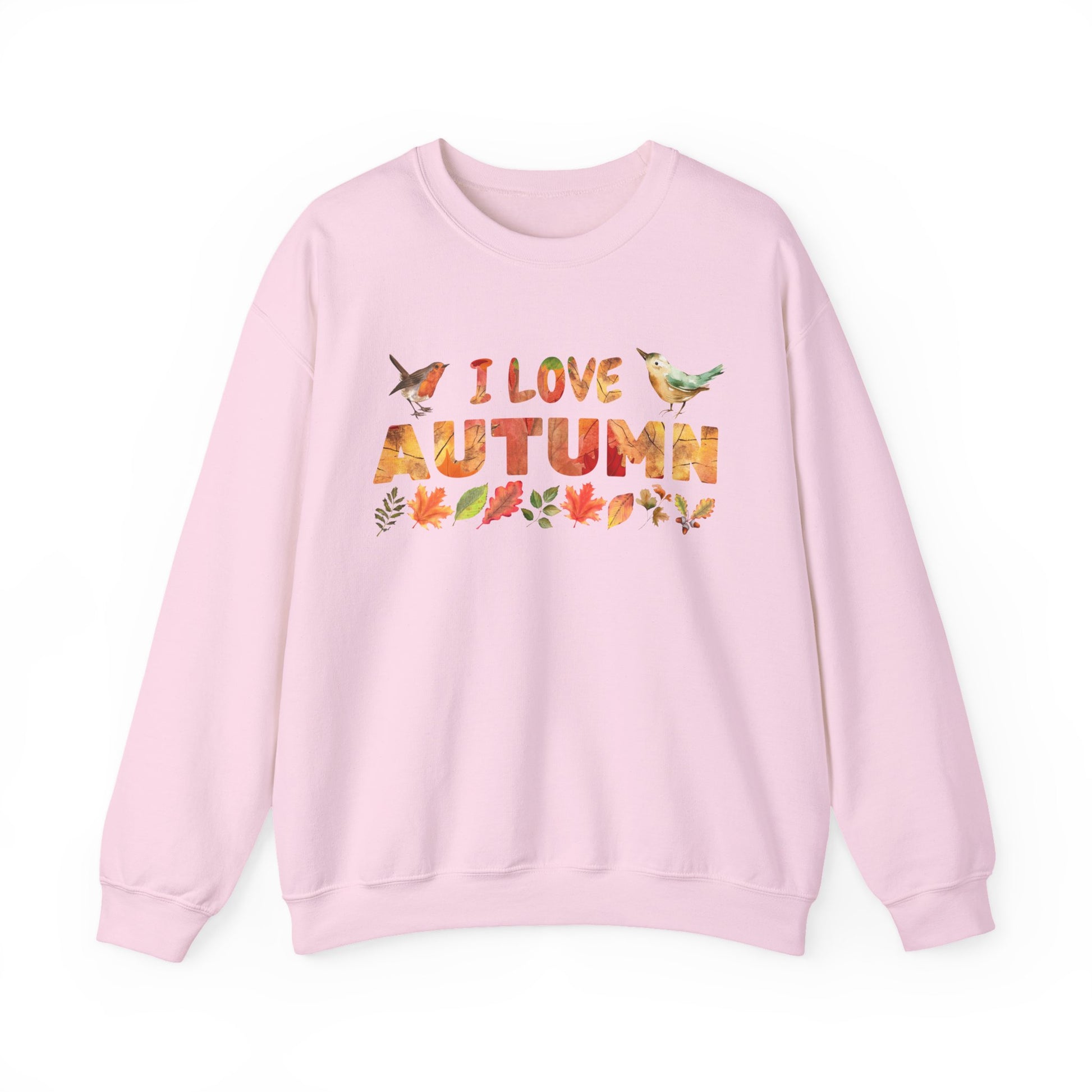 Pink sweatshirt with 'I Love Autumn' text and leaf design on a white background