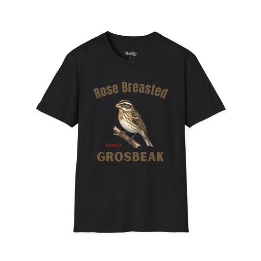 Black t-shirt with a graphic of a rose-breasted grosbeak female bird and text on a white background