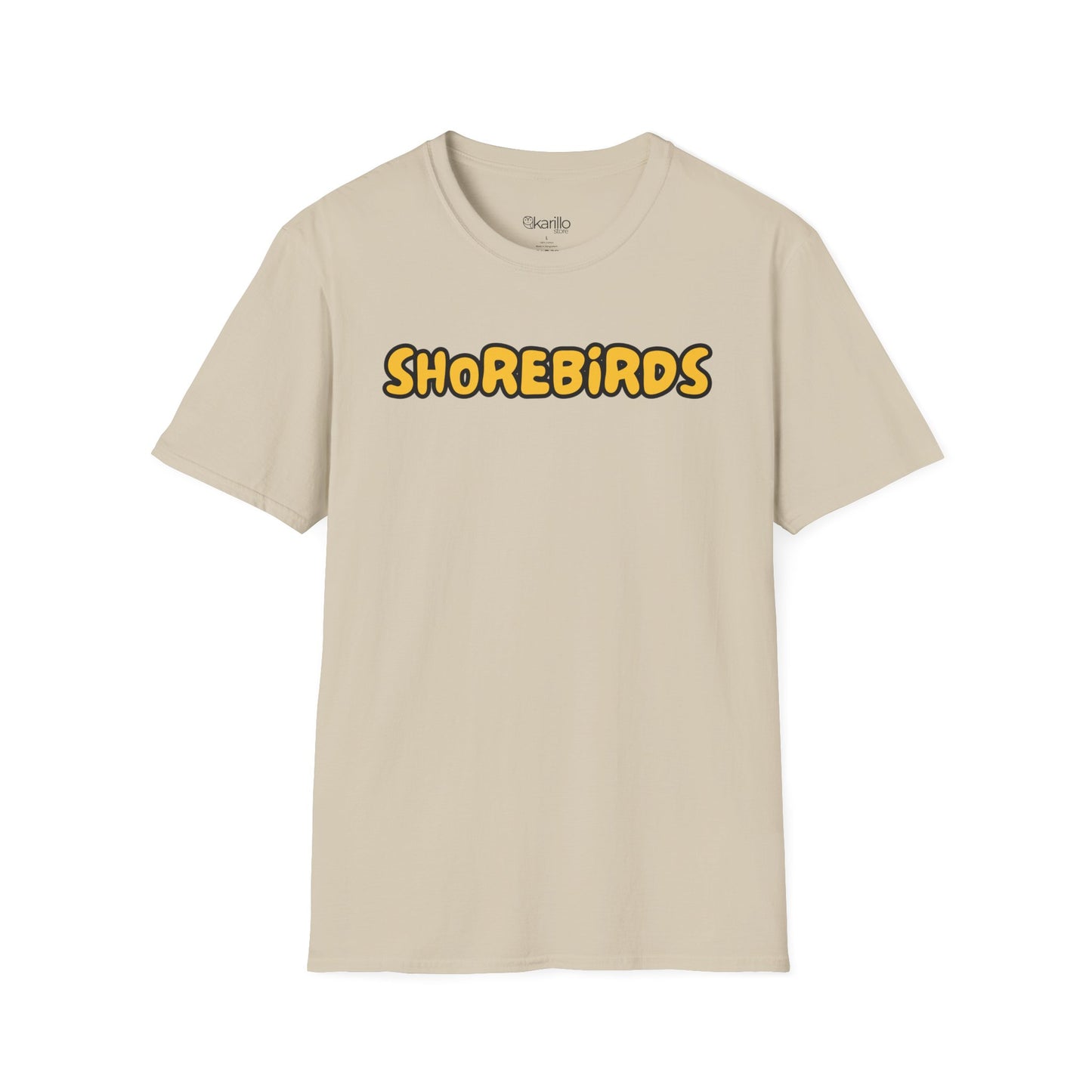 Beige t-shirt with 'SHOREBIRDS' text on a white background