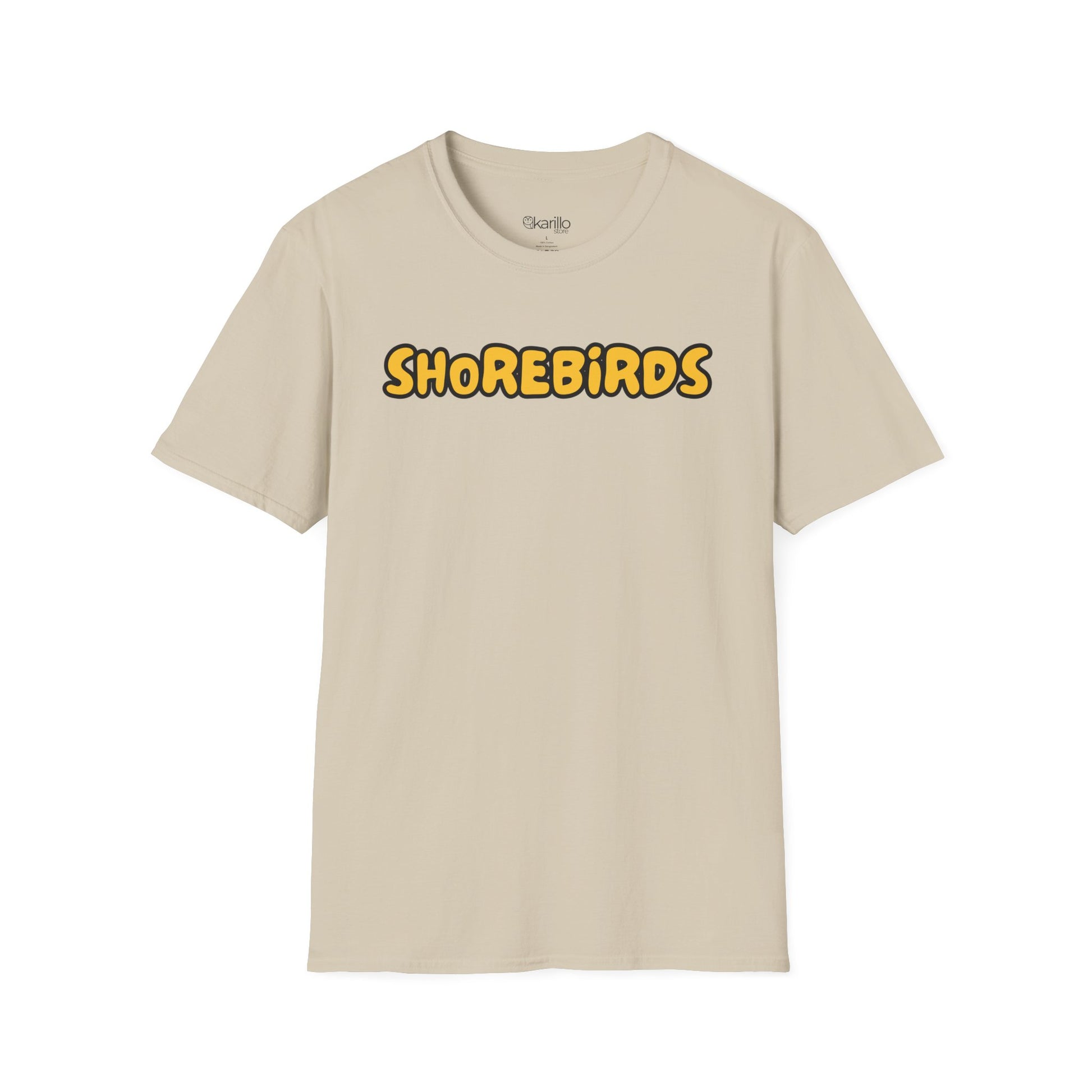 Beige t-shirt with 'SHOREBIRDS' text on a white background