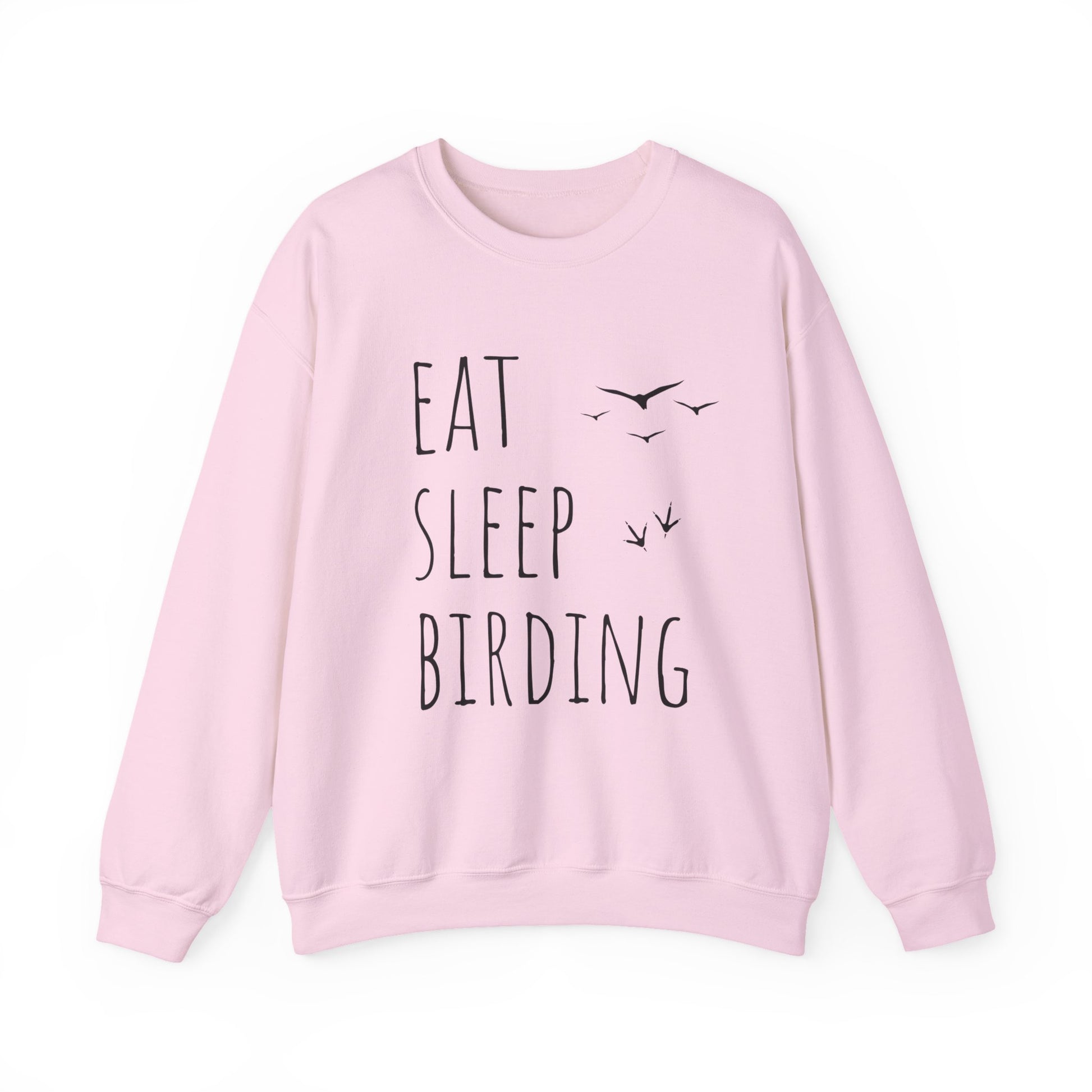 Pink sweatshirt with 'Eat Sleep Birding' text on a white background