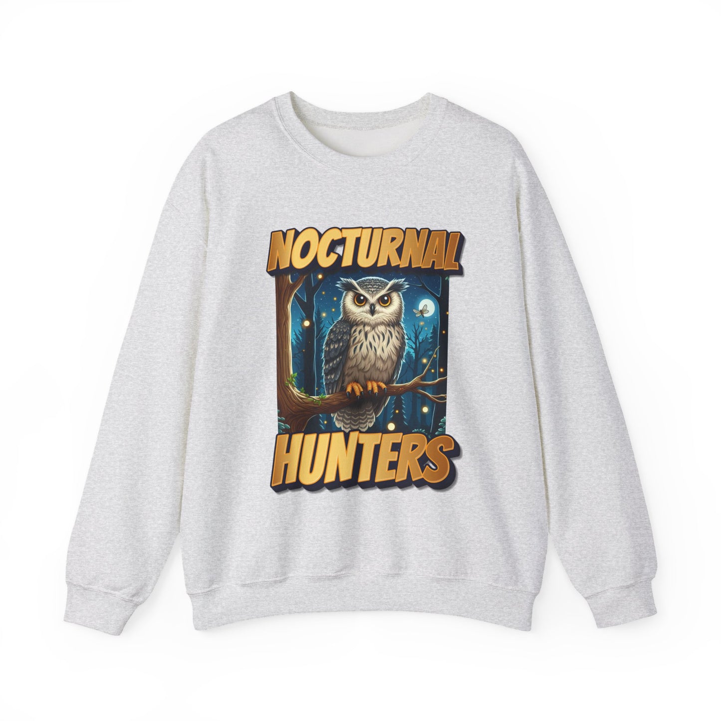 Gray sweatshirt with 'Nocturnal Hunters' graphic featuring an owl on a white background