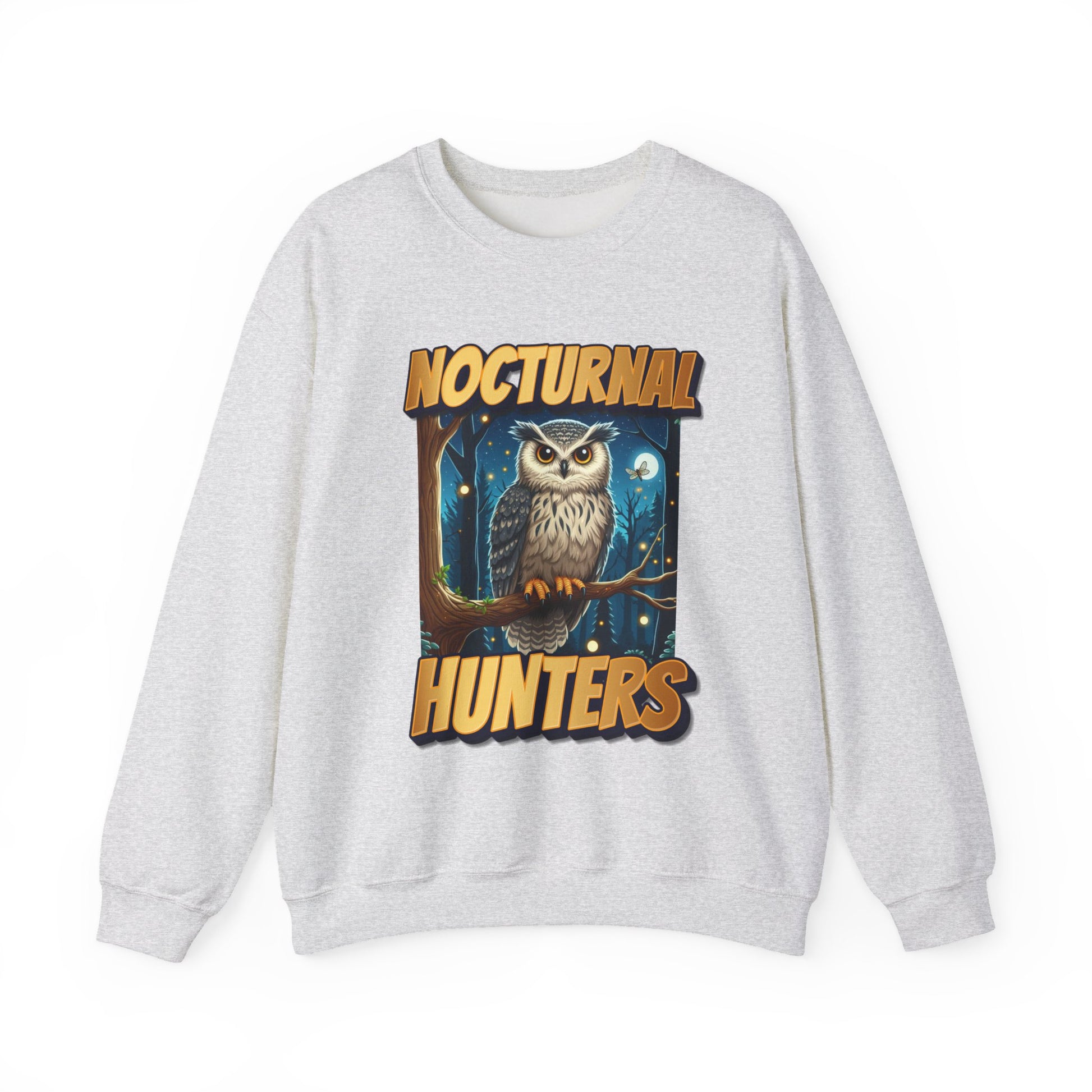 Gray sweatshirt with 'Nocturnal Hunters' graphic featuring an owl on a white background