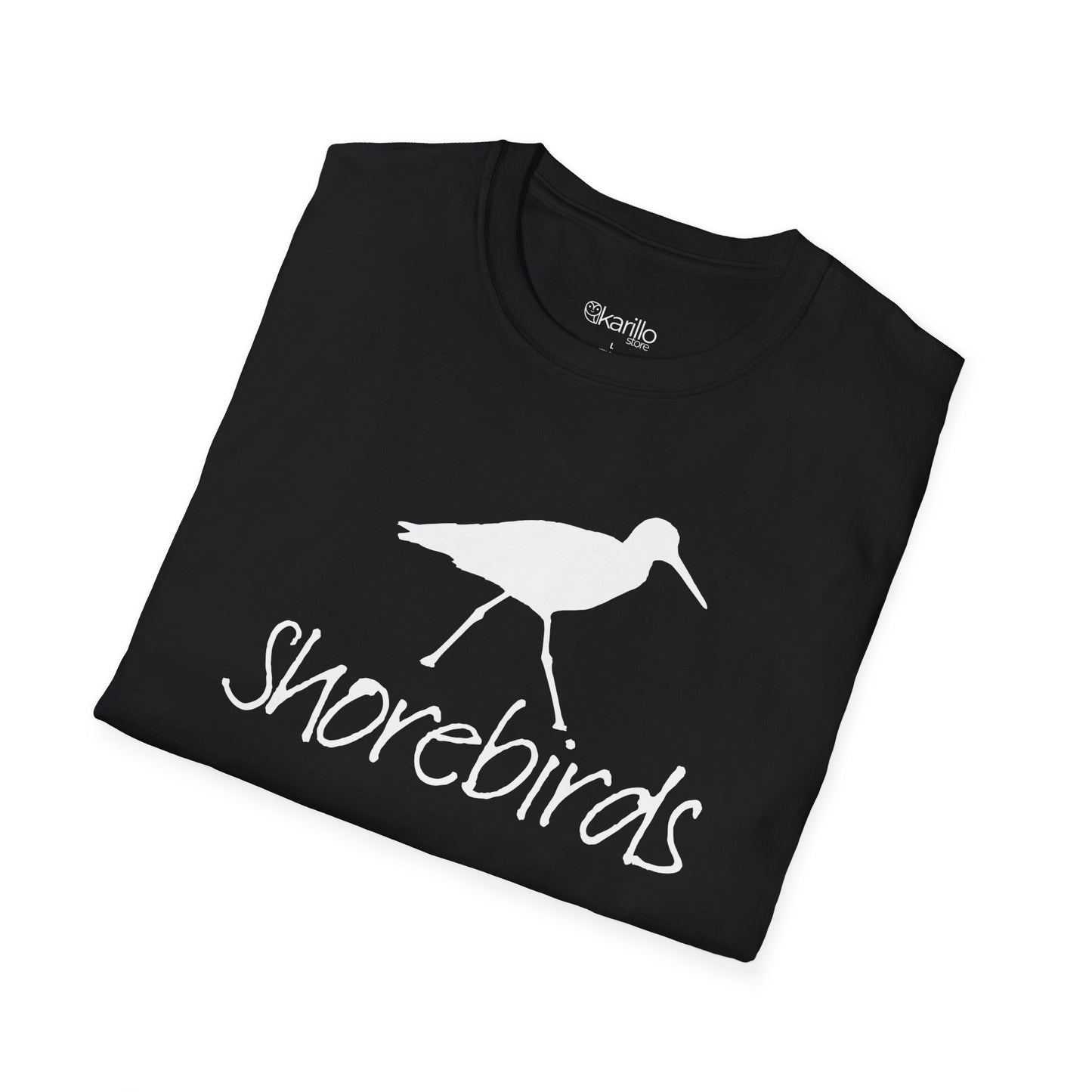 Close-up of elegant all-white shorebird design on "Shorebirds" T-shirt