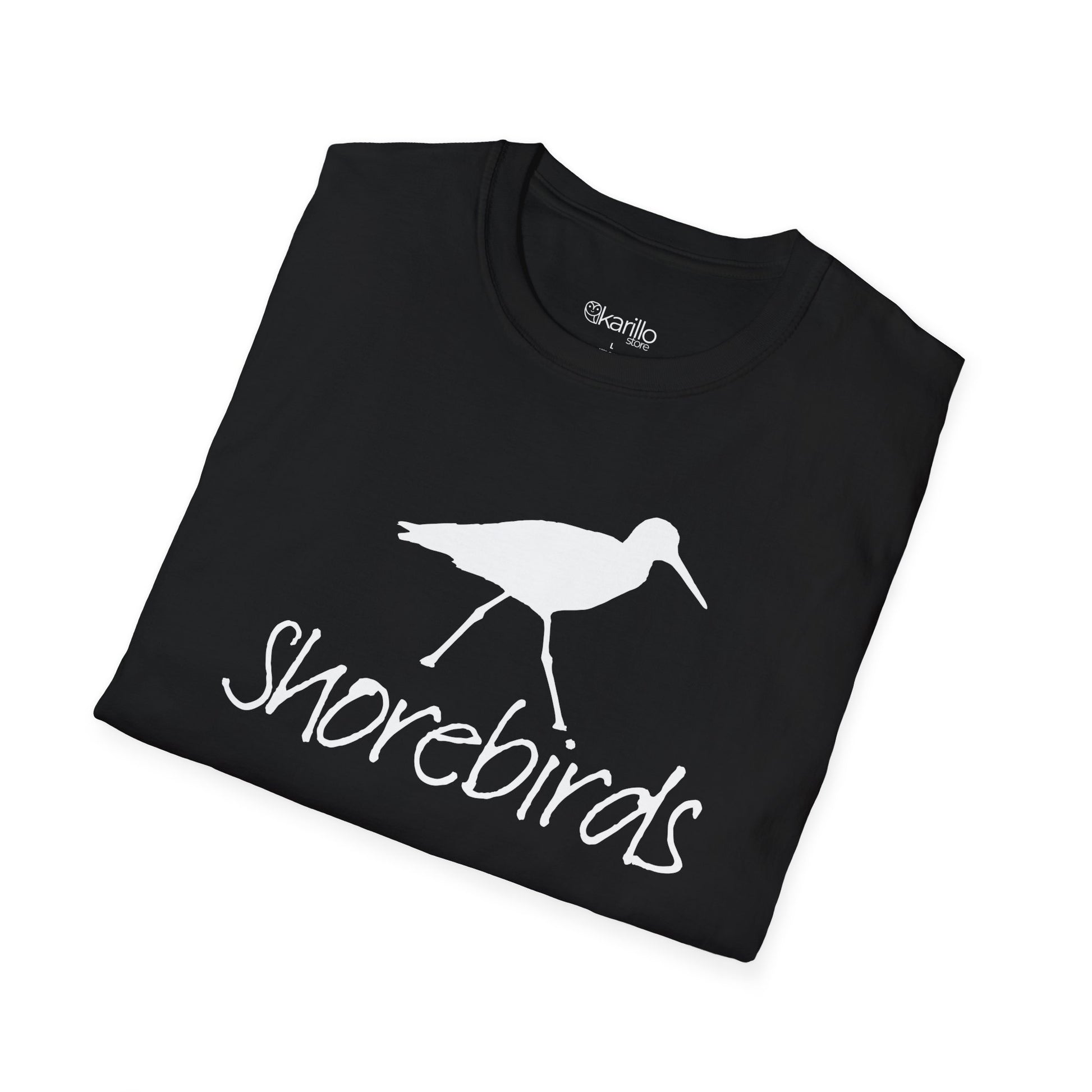 Close-up of elegant all-white shorebird design on "Shorebirds" T-shirt