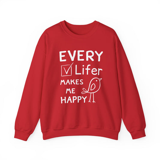 Red sweatshirt with "every lifer makes me happy" text and a bird graphic on a white background"