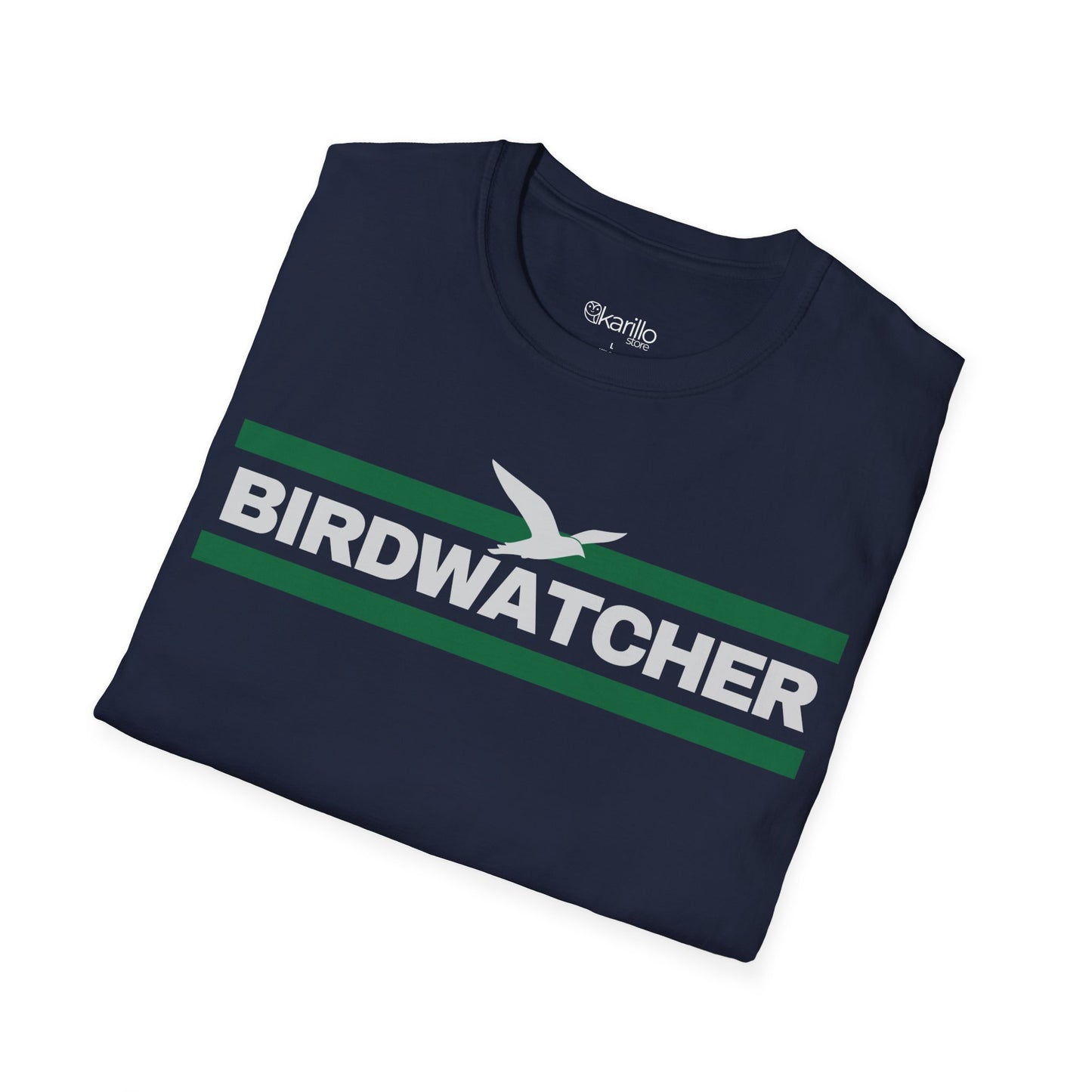 Folded view navy blue t-shirt with 'BIRDWATCHER' text and green stripe on a white background