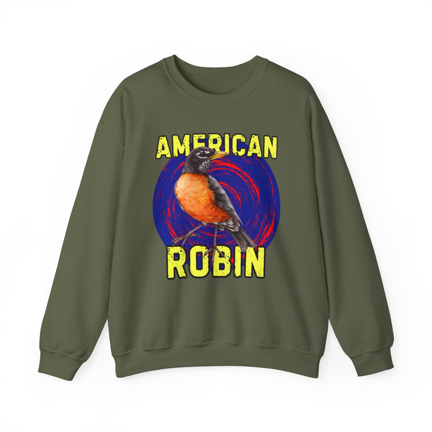 Military green sweatshirt with 'American Robin' graphic on a white background