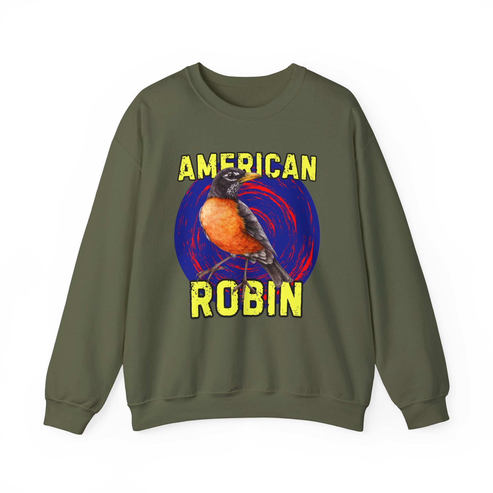 Military green sweatshirt with 'American Robin' graphic on a white background
