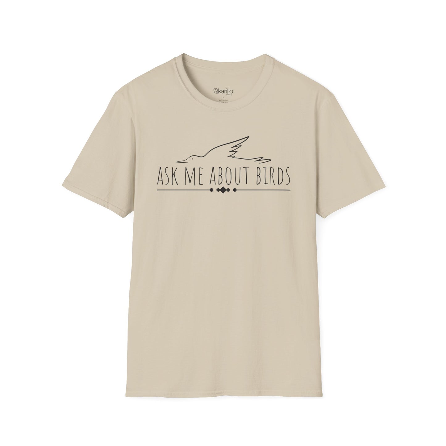 front view sand color t-shirt with 'Ask Me About Birds' text and bird silhouette on a white background