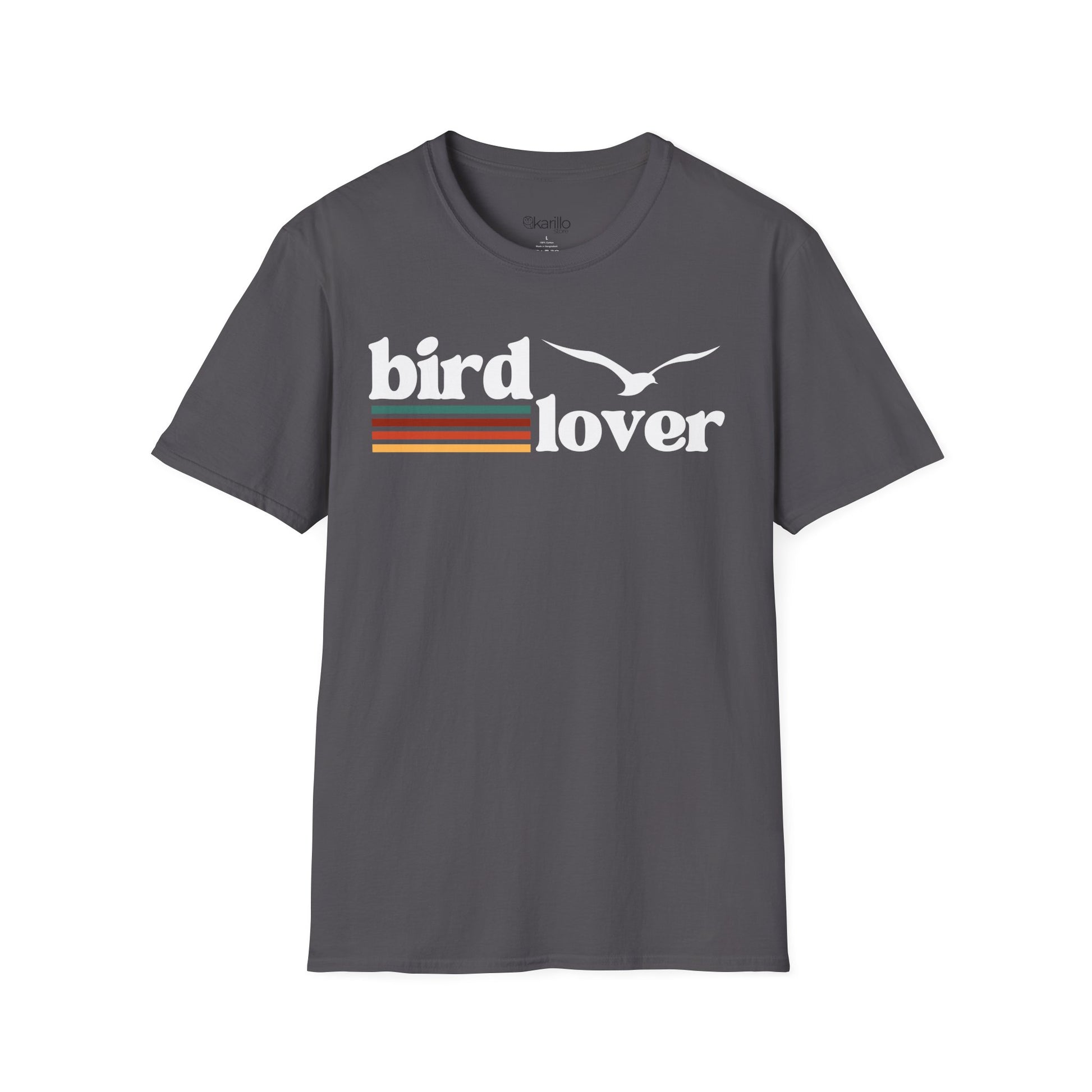 Front view of a Bird Lover graphic design on a gray color t-shirt