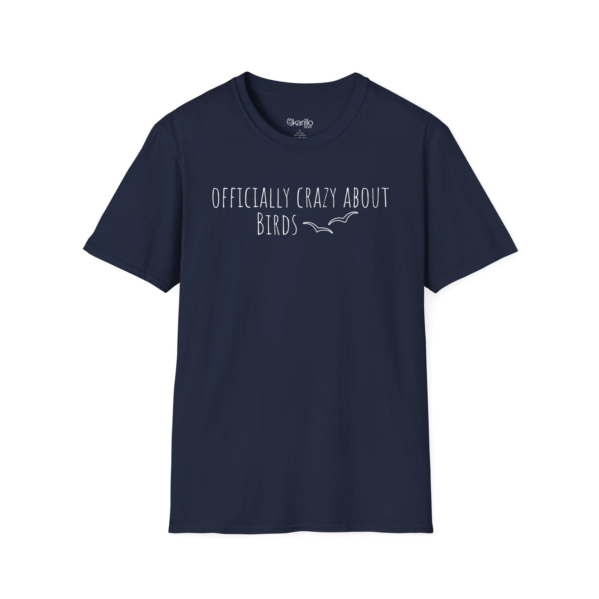 front view navy blue t-shirt with 'Officially Crazy About Birds' text on a white background