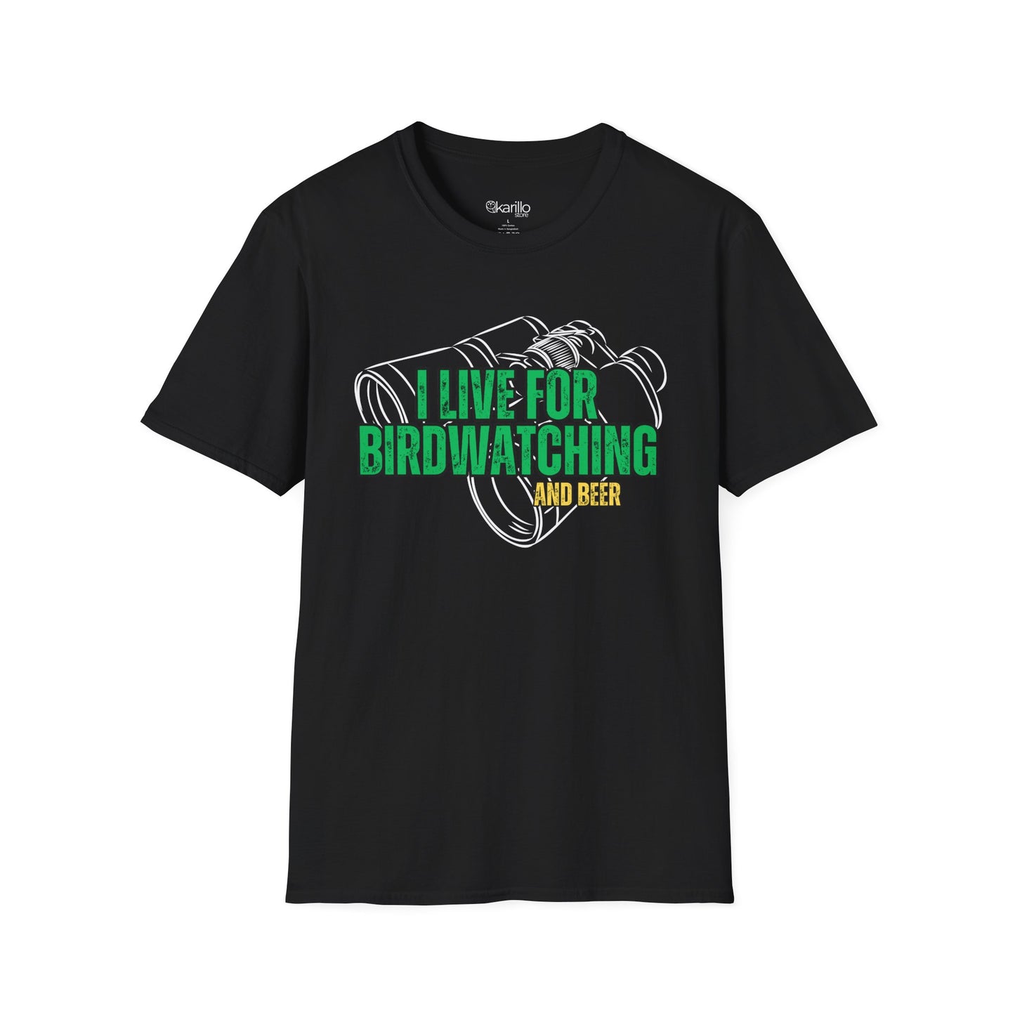Black t-shirt with birdwatching and beer graphic and text on a white background