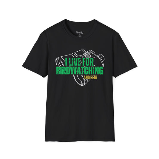 Black t-shirt with birdwatching and beer graphic and text on a white background