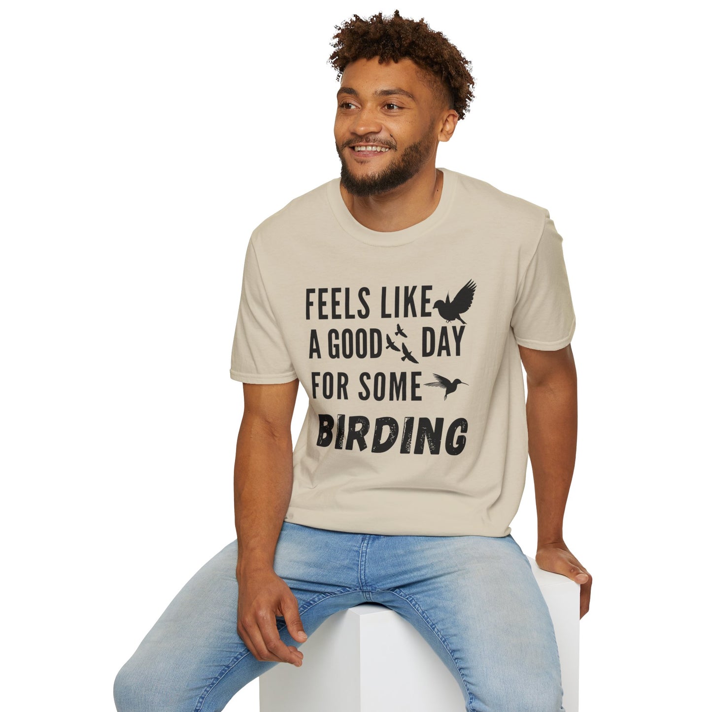 man wearing Feels Like a Good Day Birding Graphic T-Shirt sand color