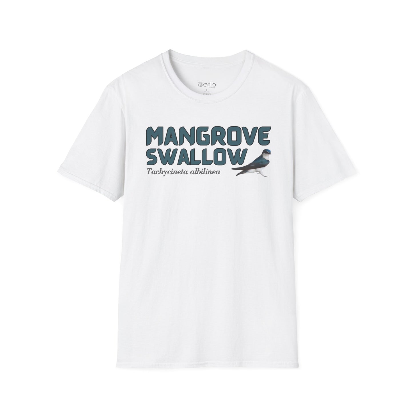 Front view of white t-shirt with 'Mangrove Swallow' text and bird graphic on a white background