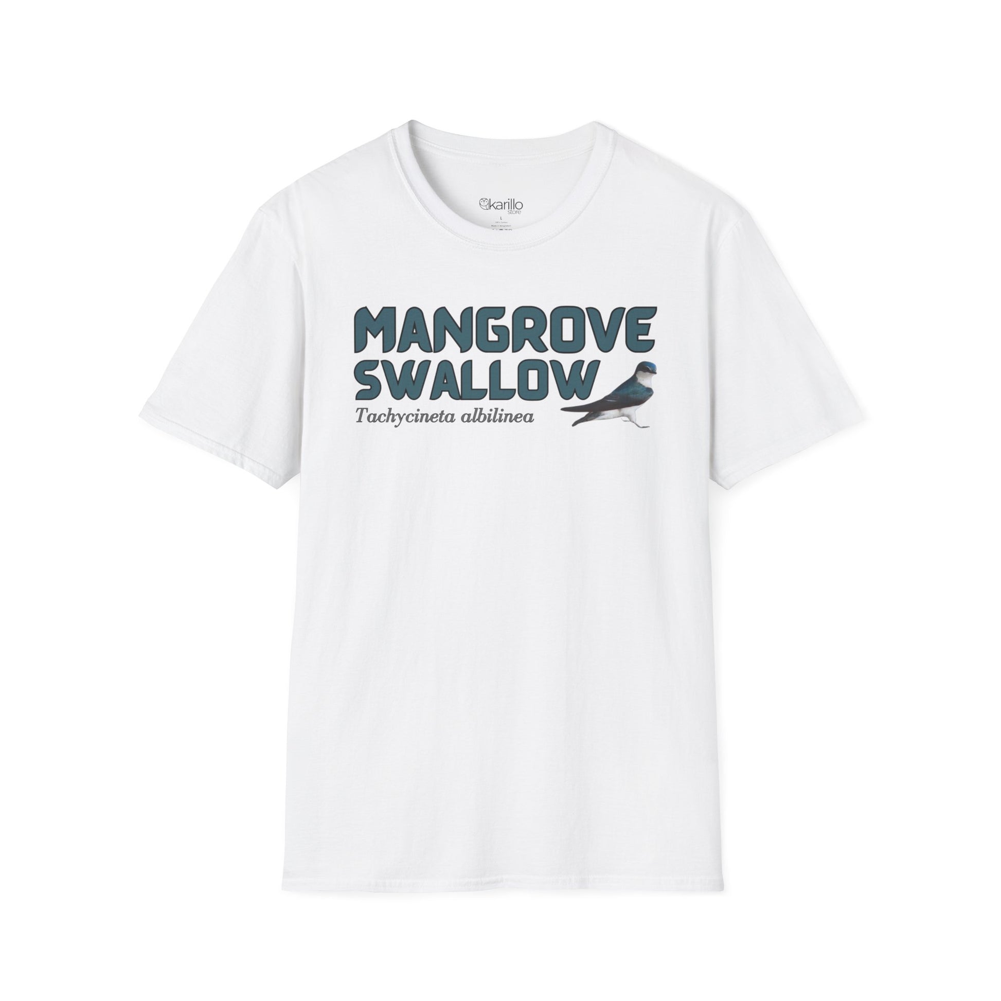 Front view of white t-shirt with 'Mangrove Swallow' text and bird graphic on a white background