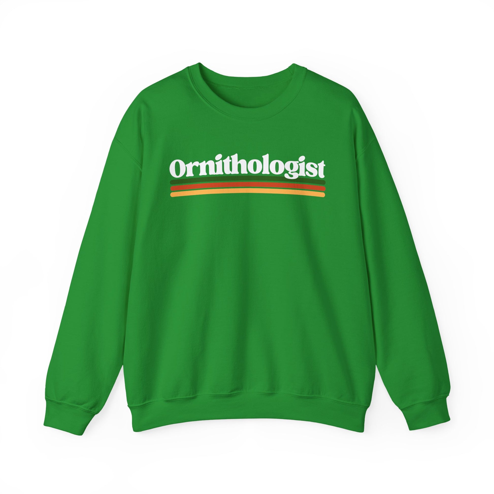 Green sweatshirt with 'Ornithologist' text on a white background