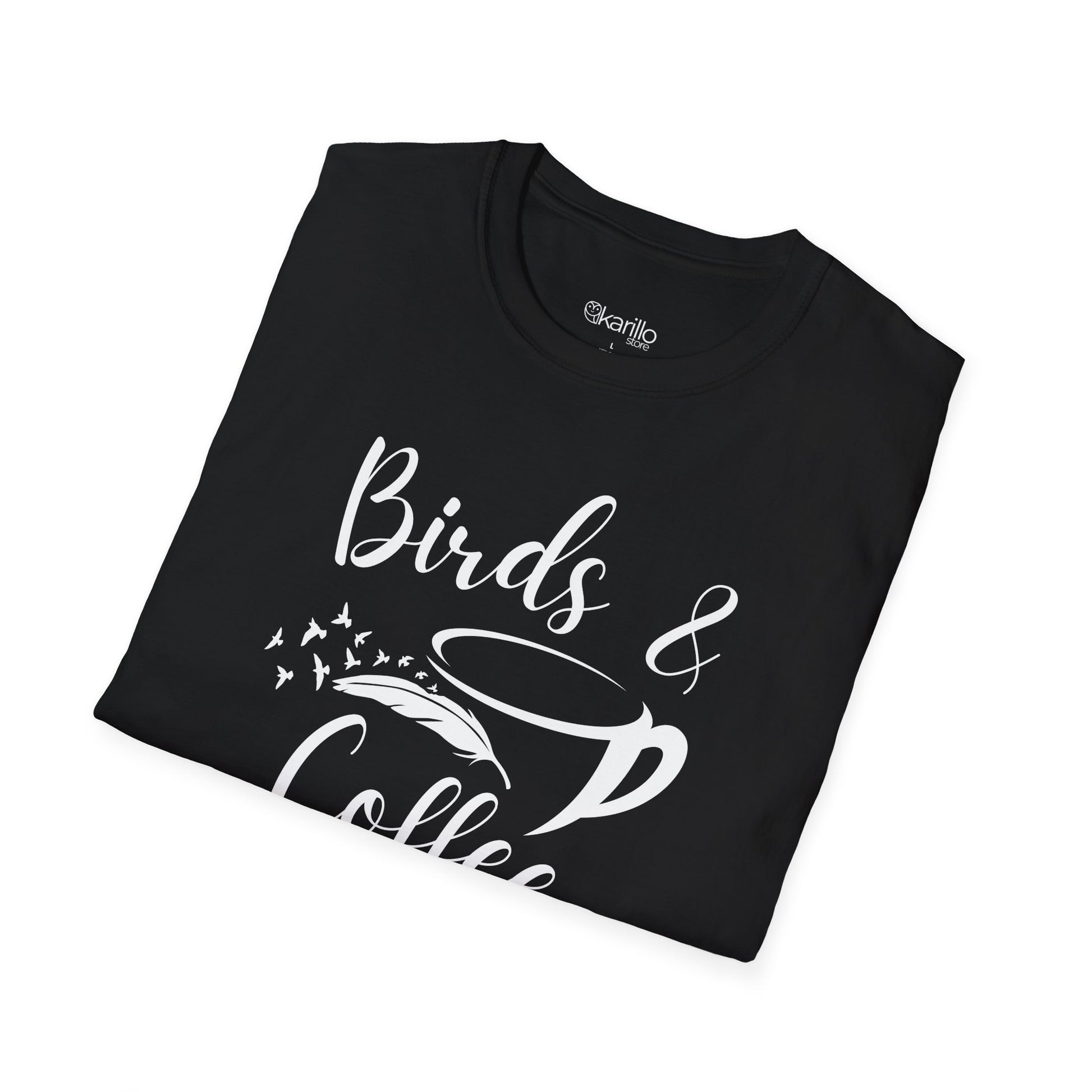 Folded black t-shirt with 'Birds & Coffee' text and design on a white background