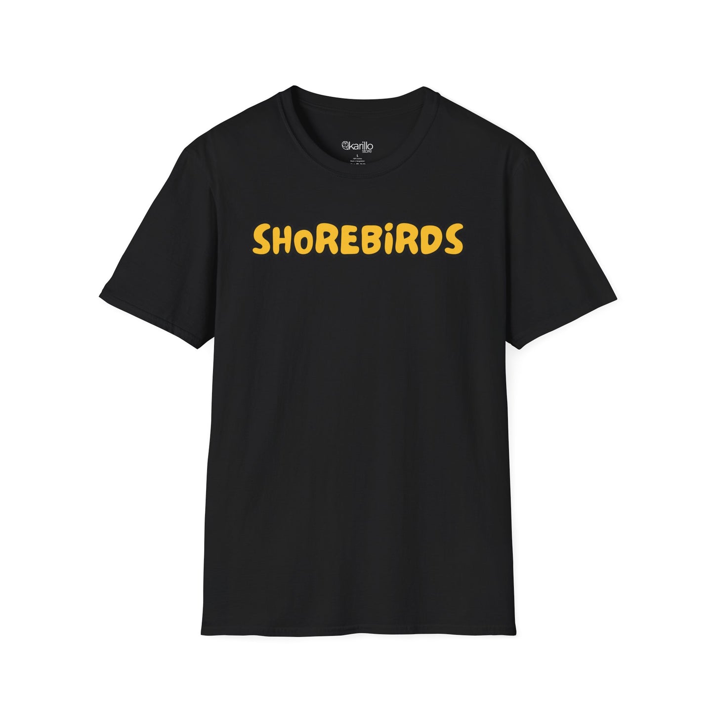 Black t-shirt with 'SHOREBIRDS' text in yellow on a white background