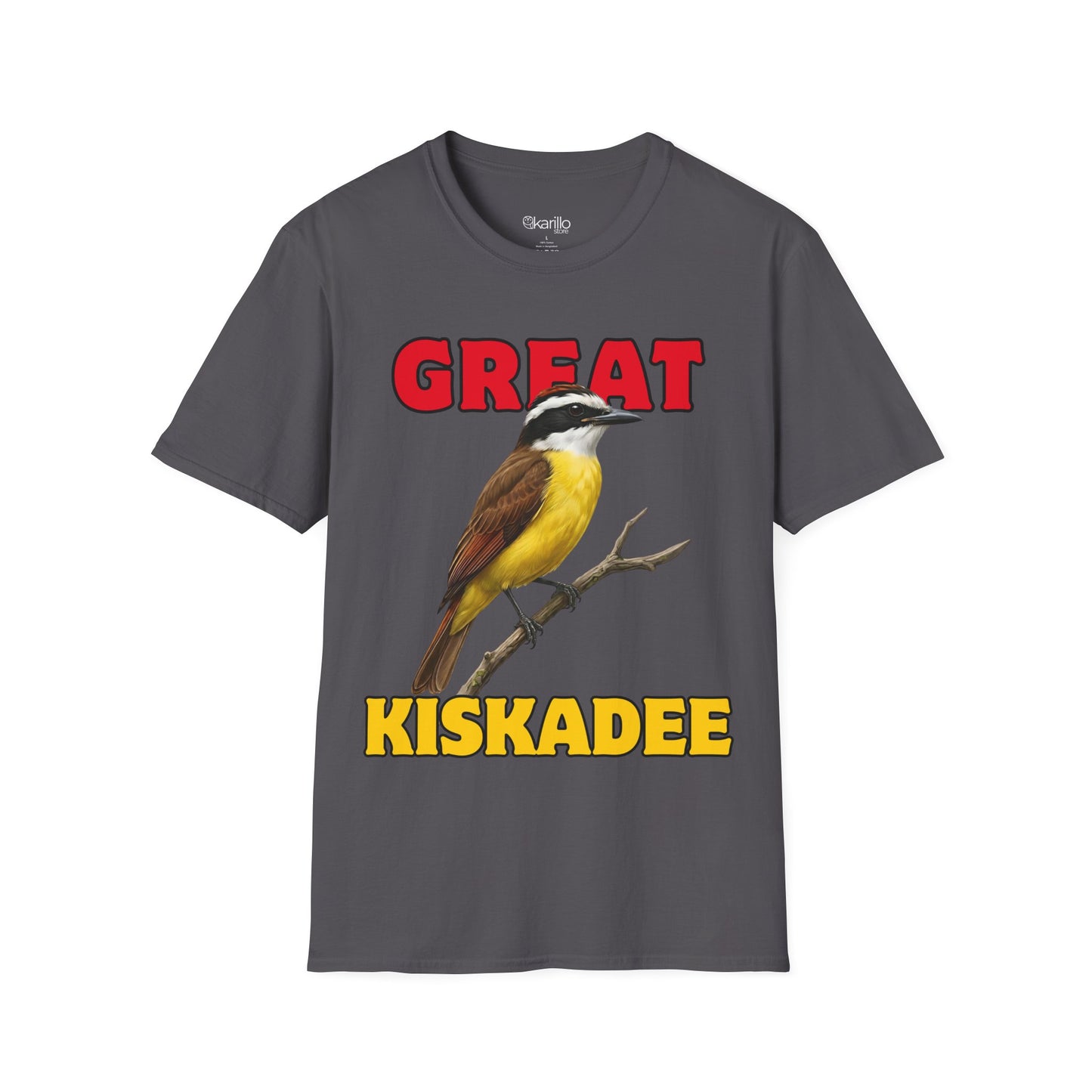 Gray t-shirt with a bird graphic and text 'GREAT KISKADEE' on a white background