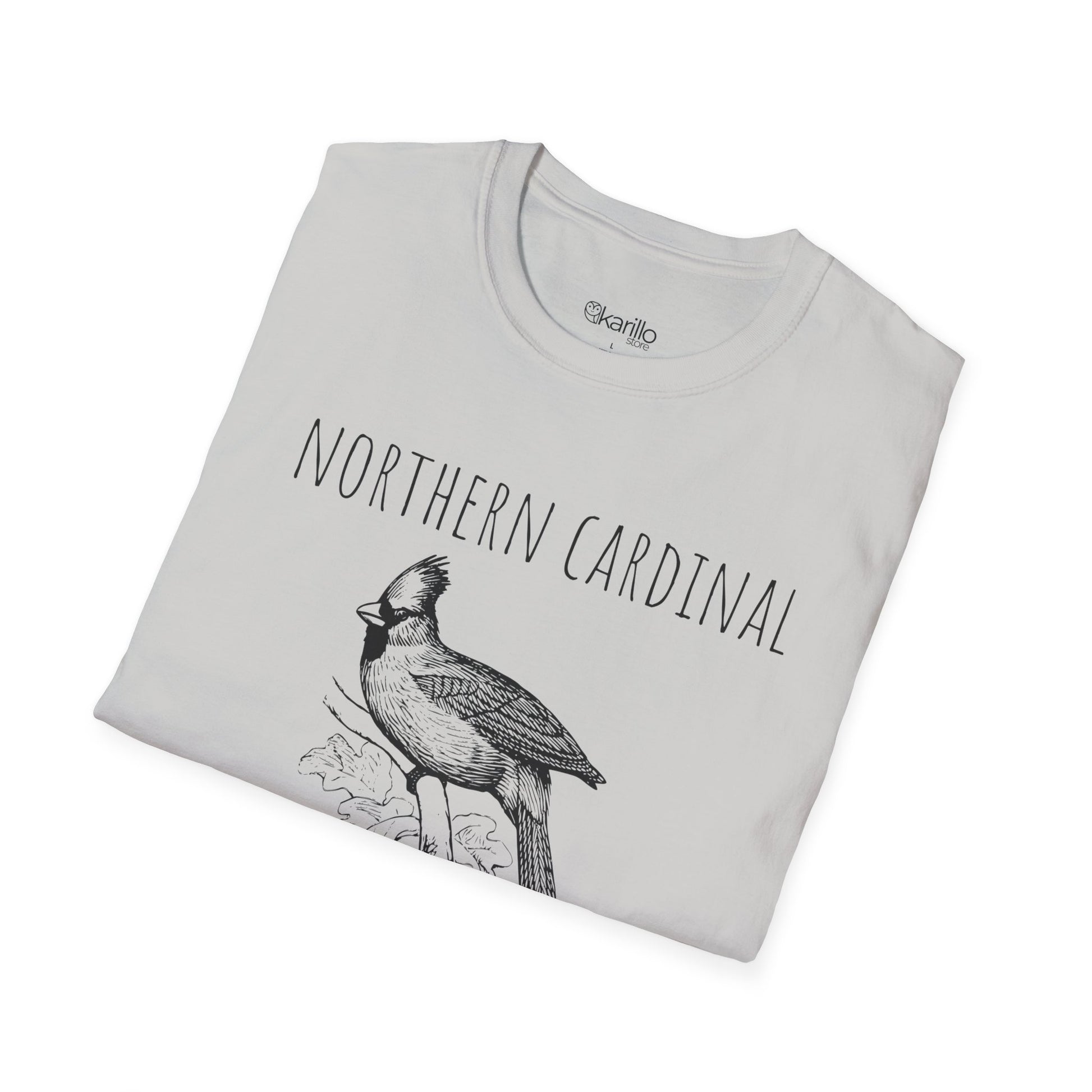 Folded gray t-shirt with 'Northern Cardinal' text and bird illustration on a white background