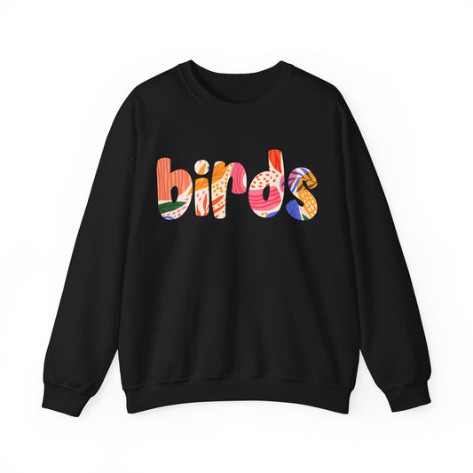 Black sweatshirt with 'birds' text in colorful letters on a white background