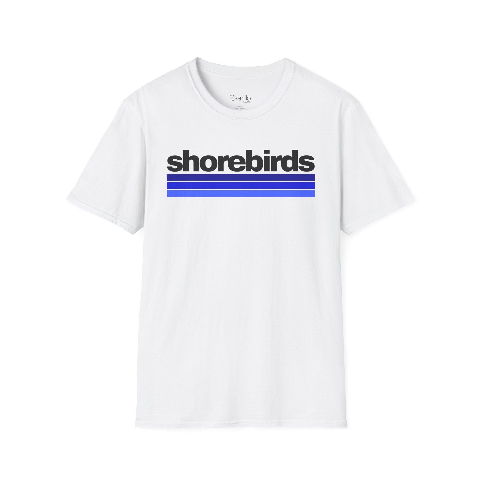 Front view of white t-shirt with 'shorebirds' text and blue stripes on a white background