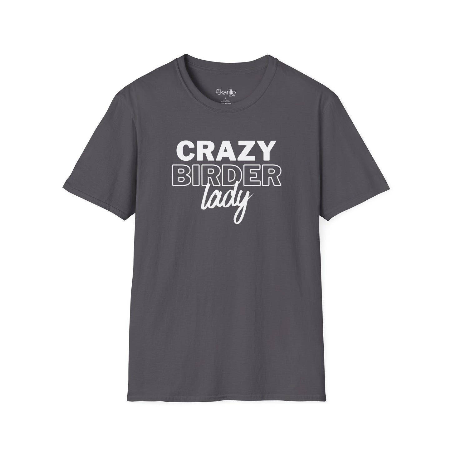 Dark gray t-shirt with "crazy birder girl" text on a white background 