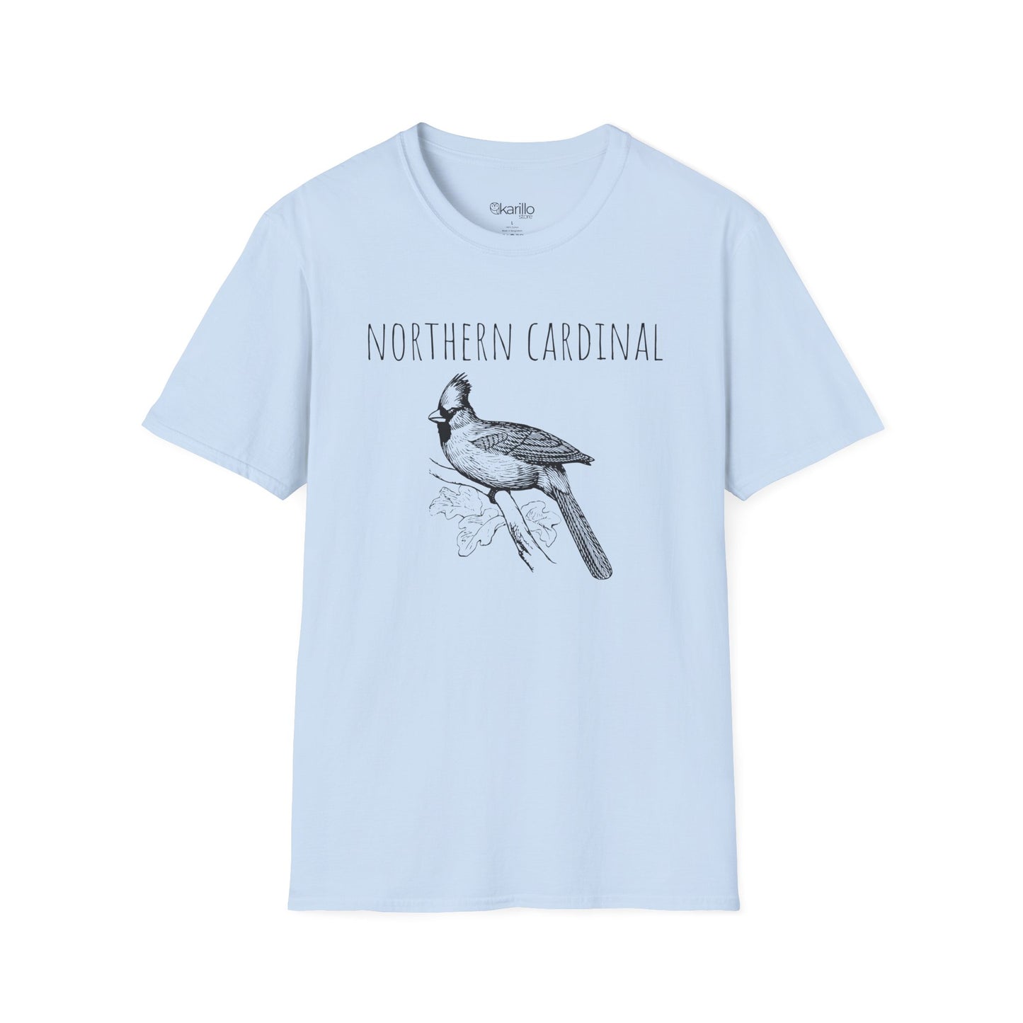 Light blue t-shirt with a Northern Cardinal graphic and text on a white background