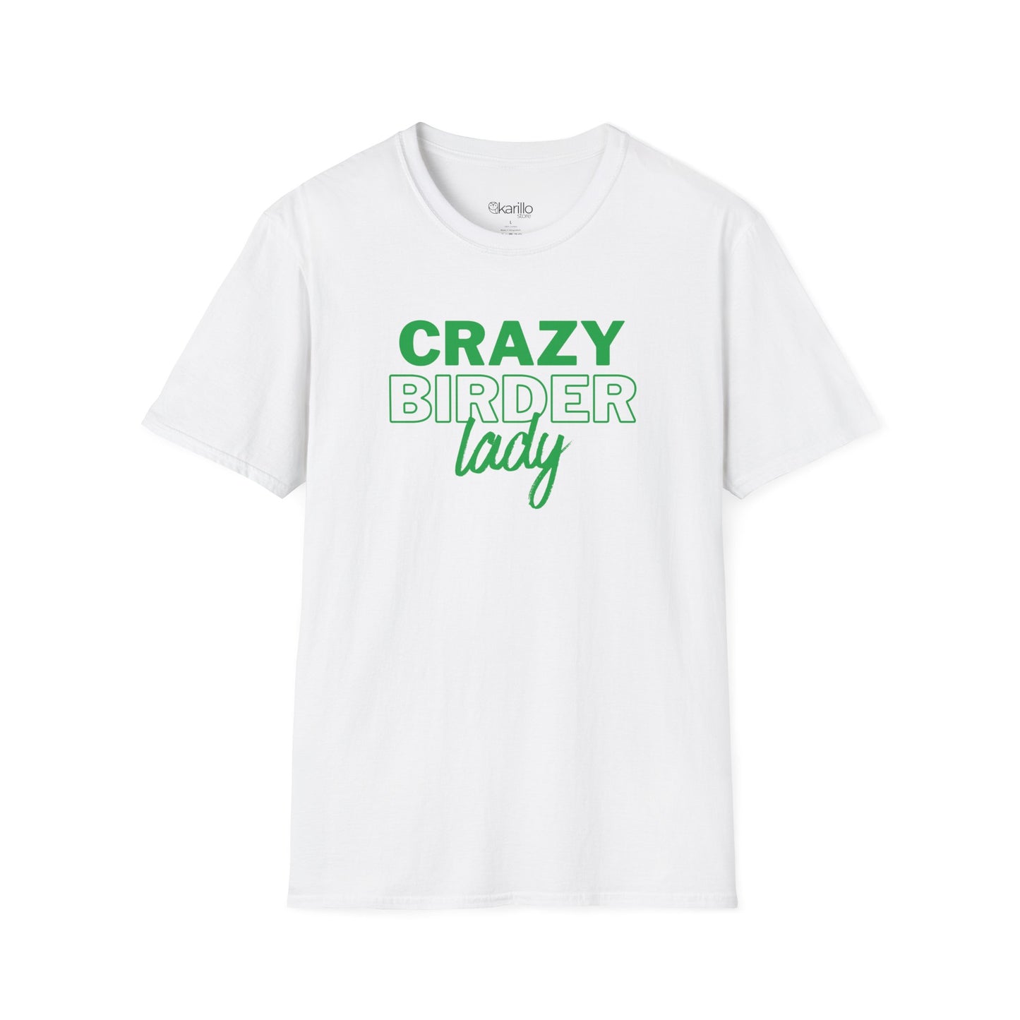 White t-shirt with "crazy birder girl" text on a white background