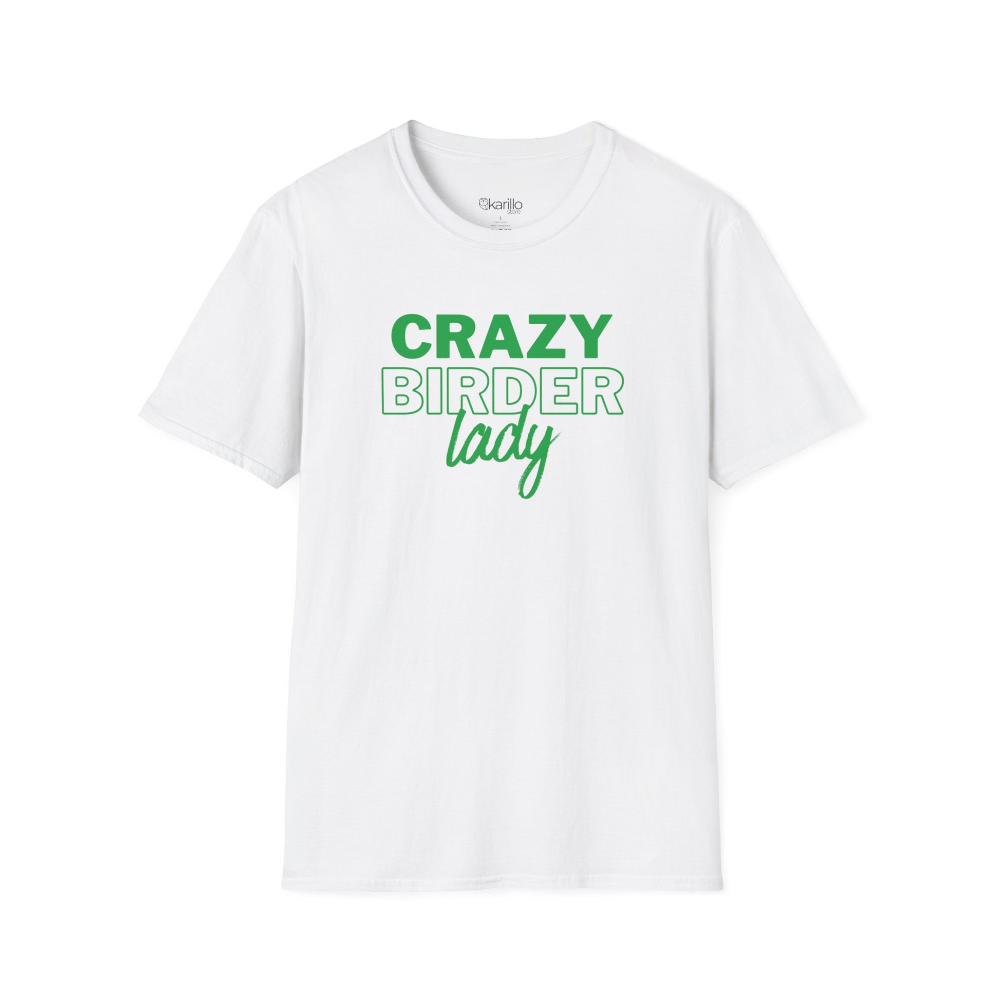White t-shirt with "crazy birder girl" text on a white background