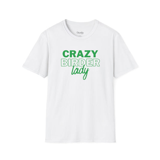 White t-shirt with "crazy birder girl" text on a white background