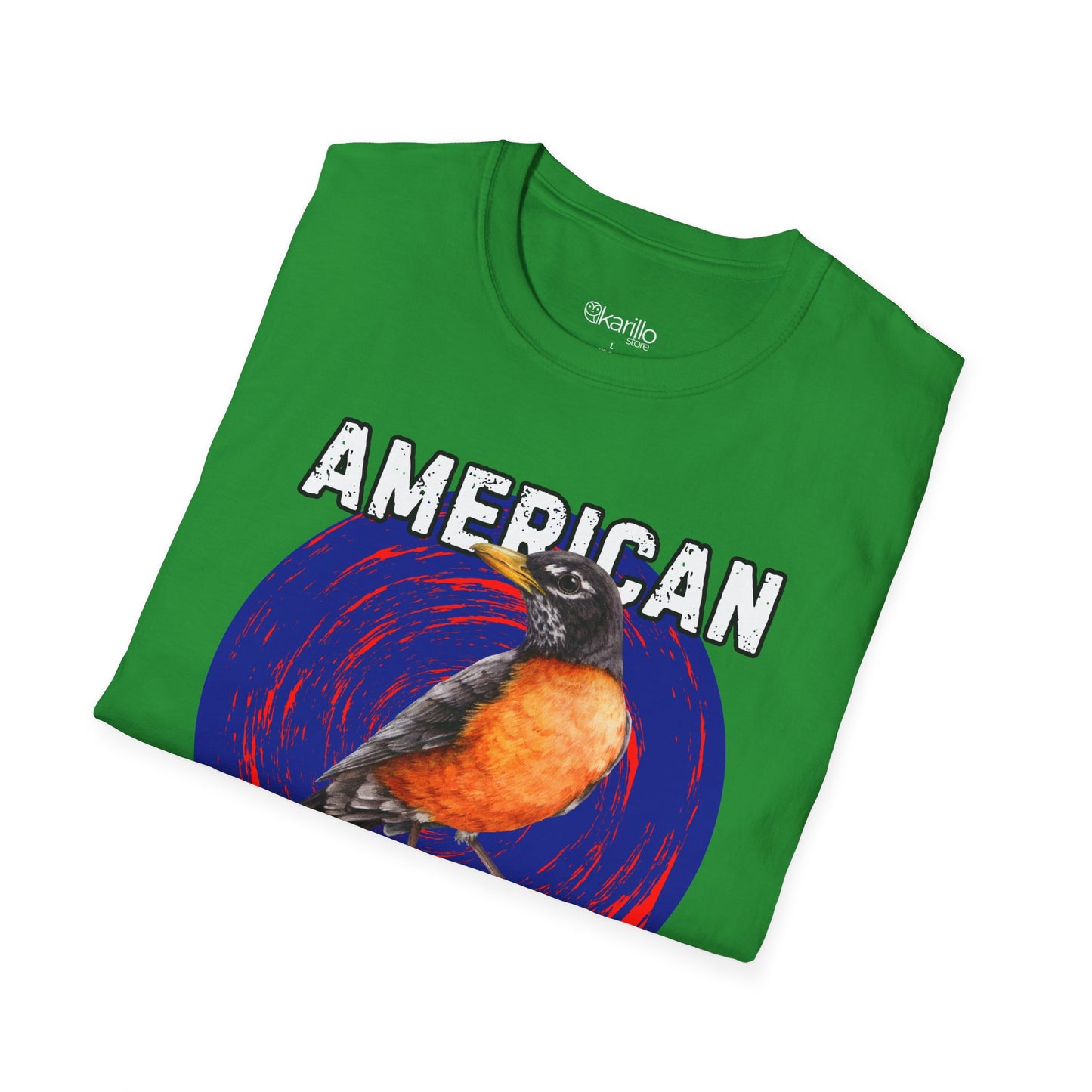 Folded green t-shirt with a robin graphic and 'American' text on a white background