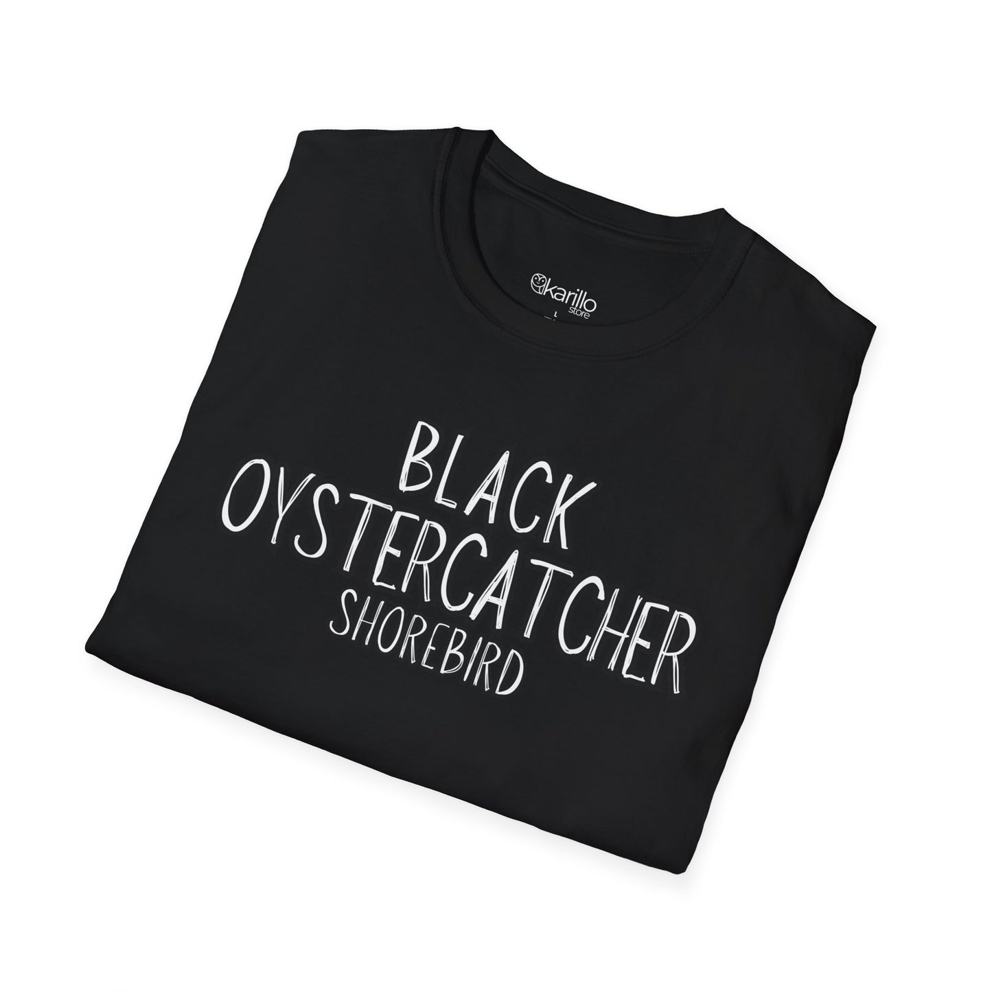 Folded view Black t-shirt with 'Black Oystercatcher Shorebird' text on a white background