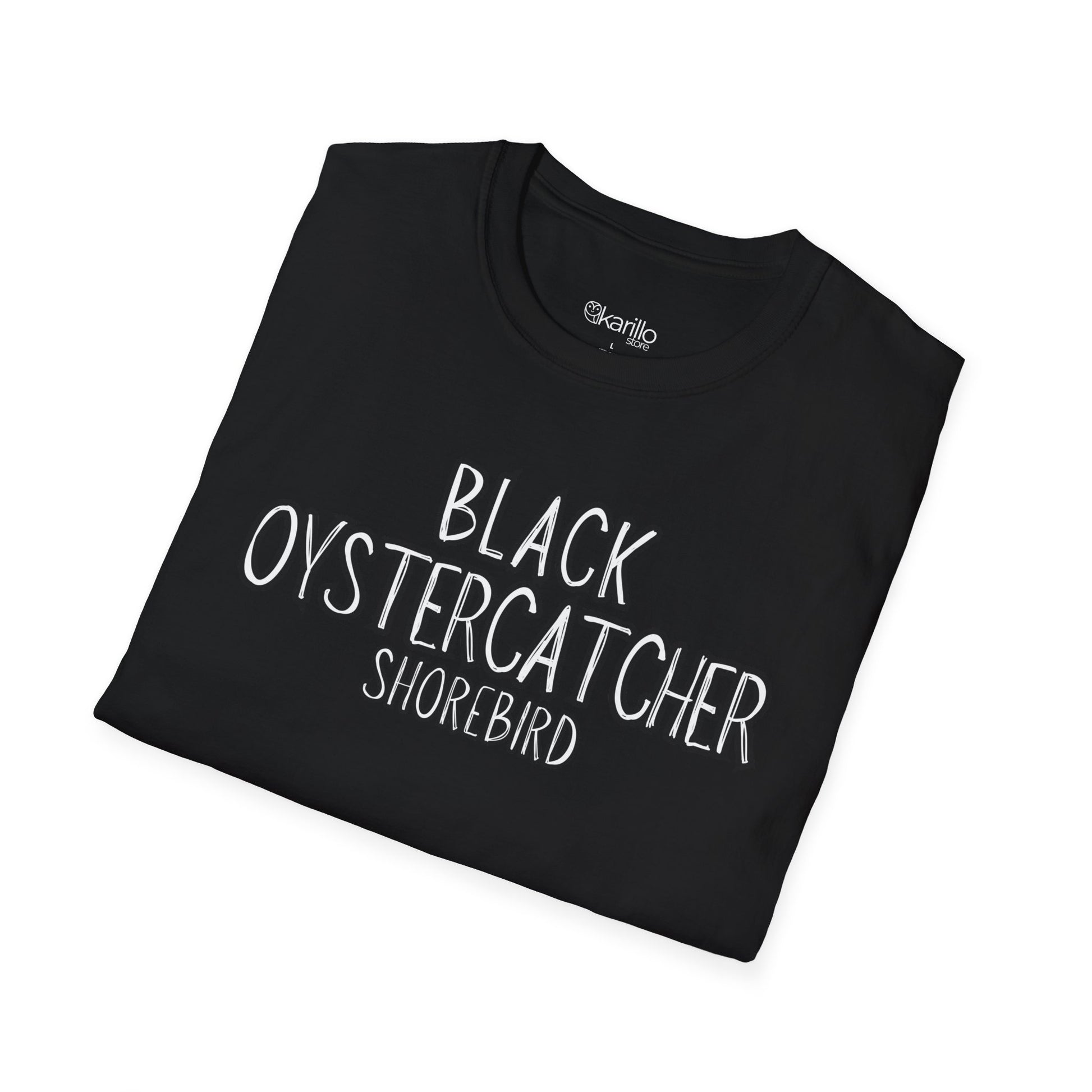 Folded view Black t-shirt with 'Black Oystercatcher Shorebird' text on a white background