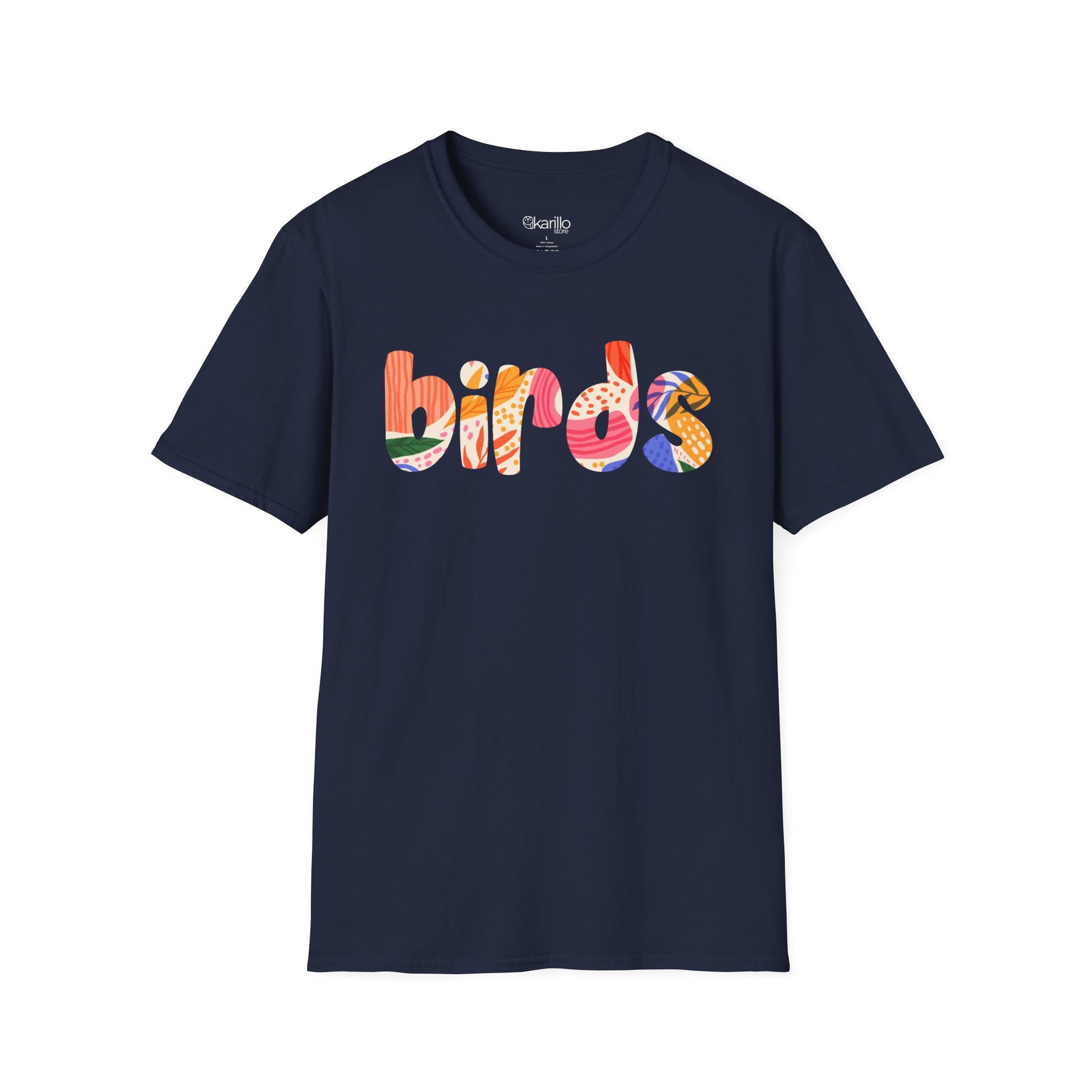 Navy blue t-shirt with colorful 'birds' text on a white background