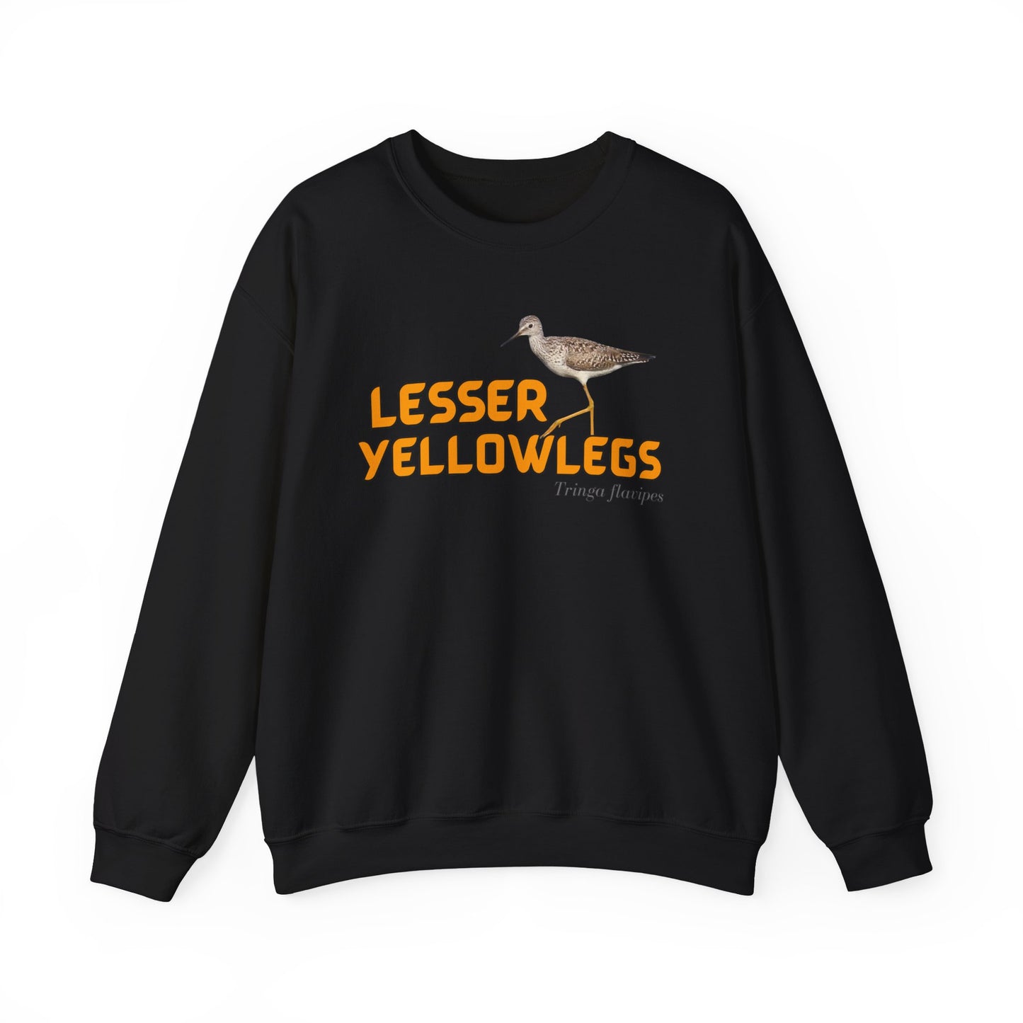 Black sweatshirt with 'LESSER YELLOWLEGS' text and bird illustration on a white background