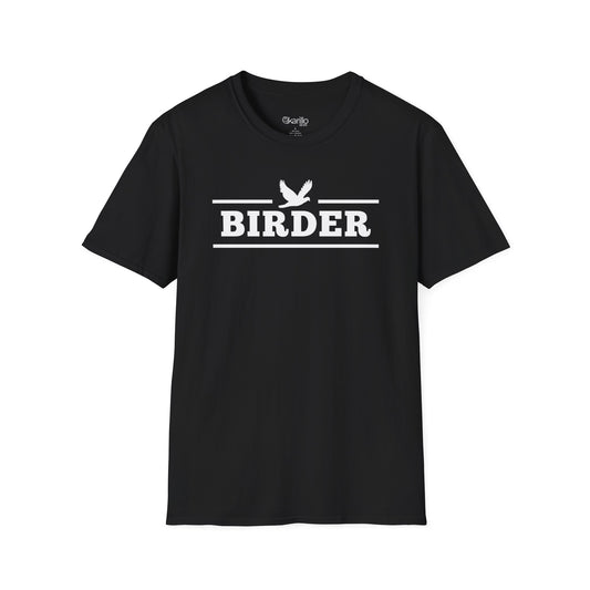 Black Birder T-shirt with white birdwatching graphic, retro collegiate style birding apparel for men and women.