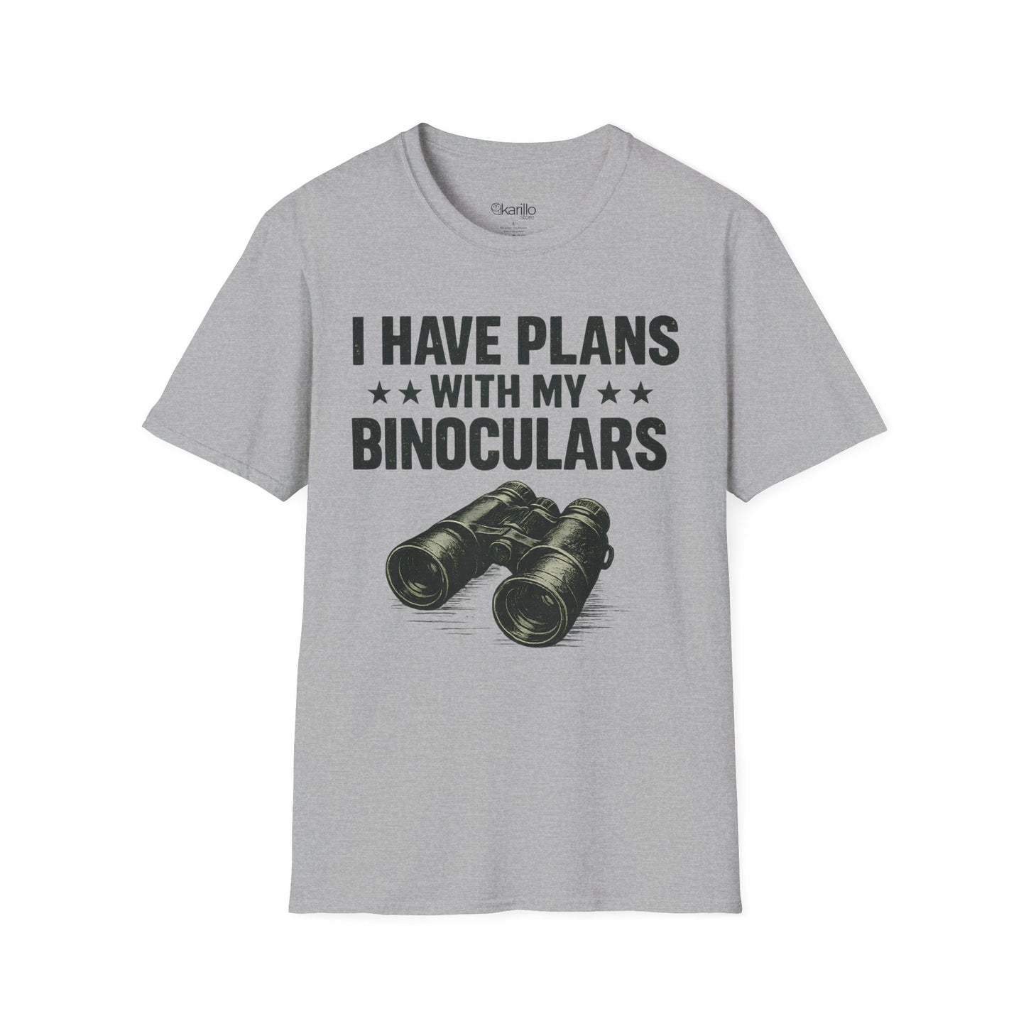 Gray t-shirt with binoculars graphic and text on a white background