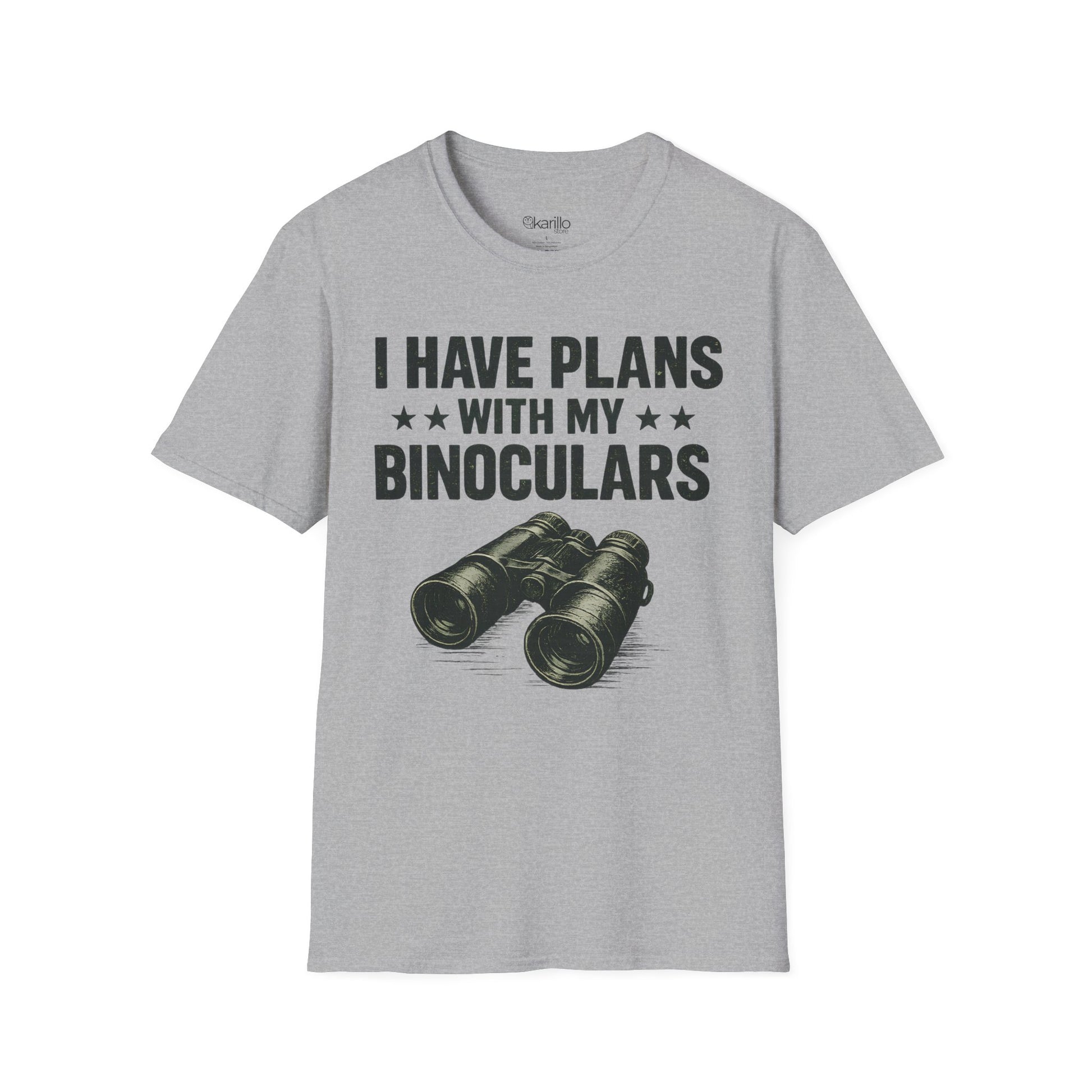 Gray t-shirt with binoculars graphic and text on a white background