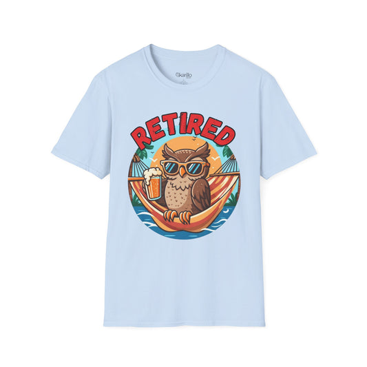Light blue t-shirt with a graphic of an owl in sunglasses and a hammock, accompanied by the word 'RETIRED'.
