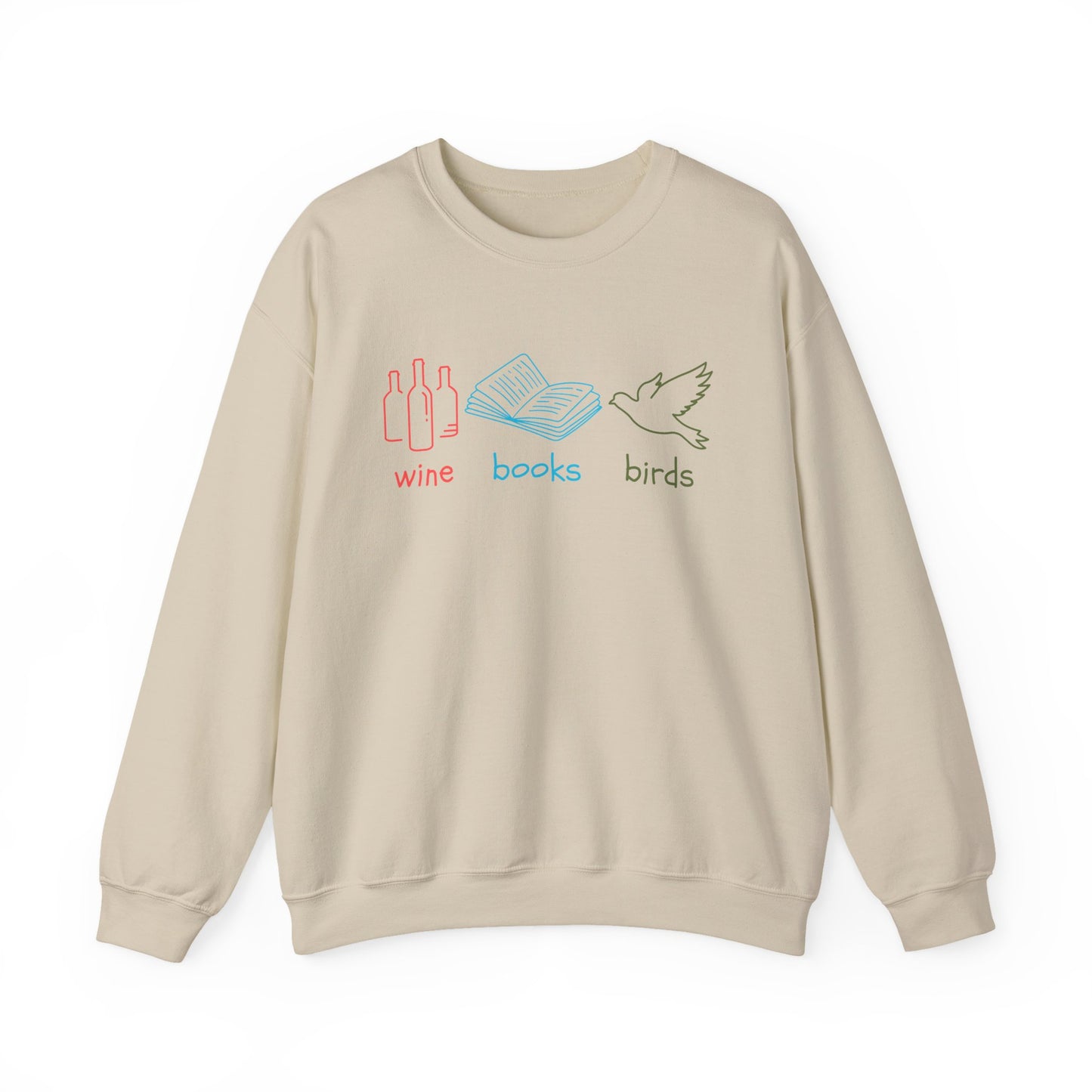 Beige sweatshirt with 'wine', 'books', and 'birds' text and graphics on a white background