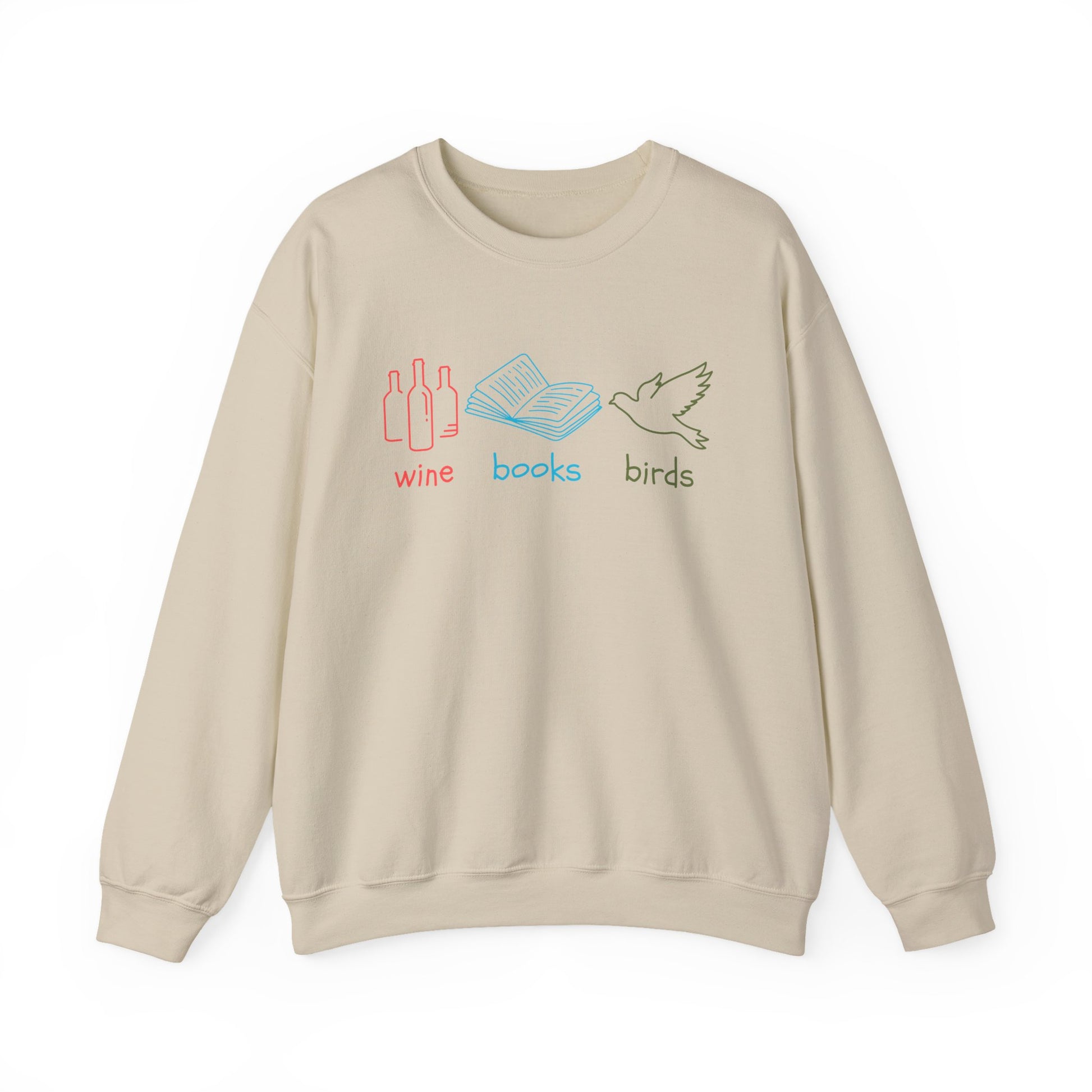 Beige sweatshirt with 'wine', 'books', and 'birds' text and graphics on a white background