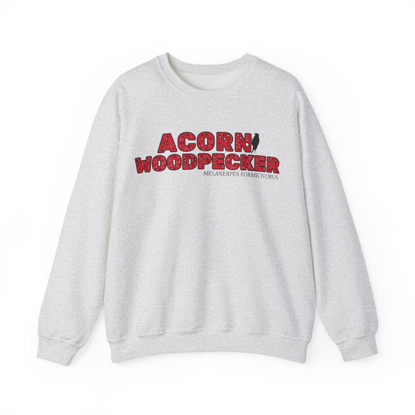 Gray sweatshirt with 'Acorn Woodpecker' text and logo on a white background