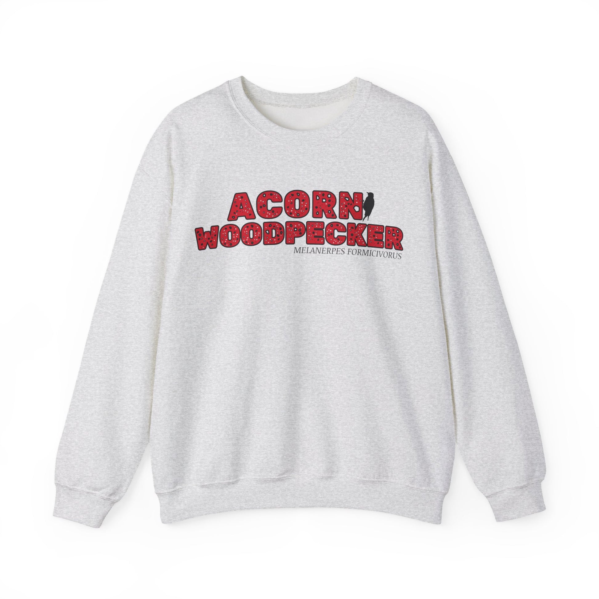 Gray sweatshirt with 'Acorn Woodpecker' text and logo on a white background