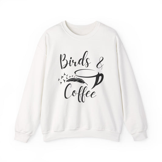 White sweatshirt with 'Birds & Coffee' text design on a white background