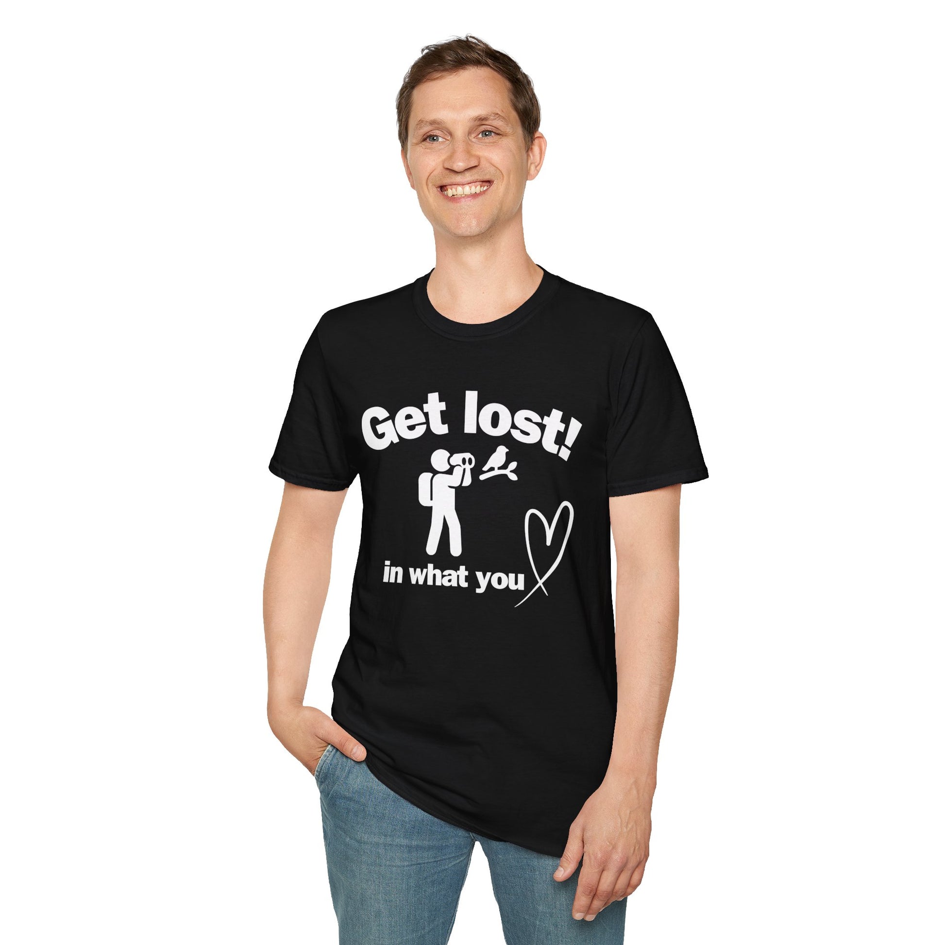 Person wearing black t-shirt with text "Get lost in what you love" in white background