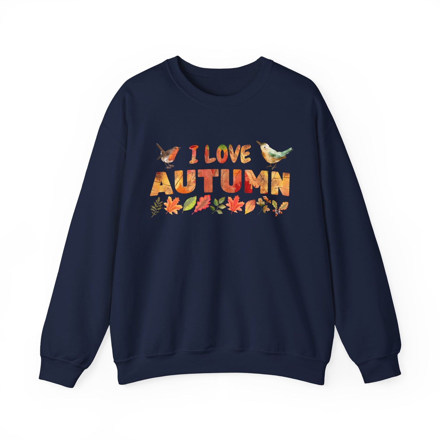 Navy blue sweatshirt with 'I Love Autumn' text and fall-themed graphics on a white background