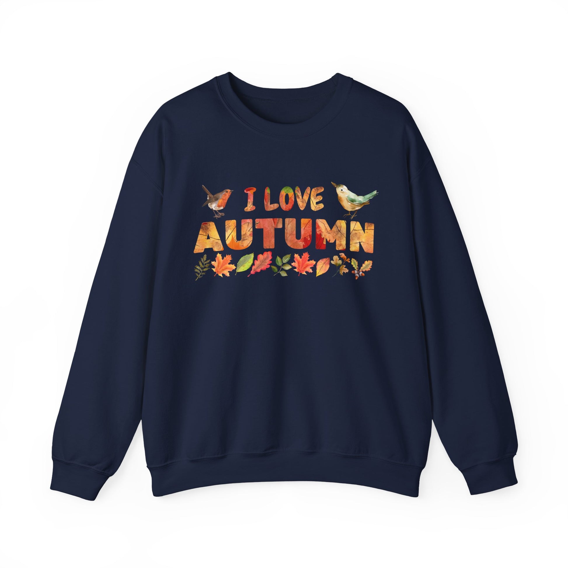 Navy blue sweatshirt with 'I Love Autumn' text and fall-themed graphics on a white background